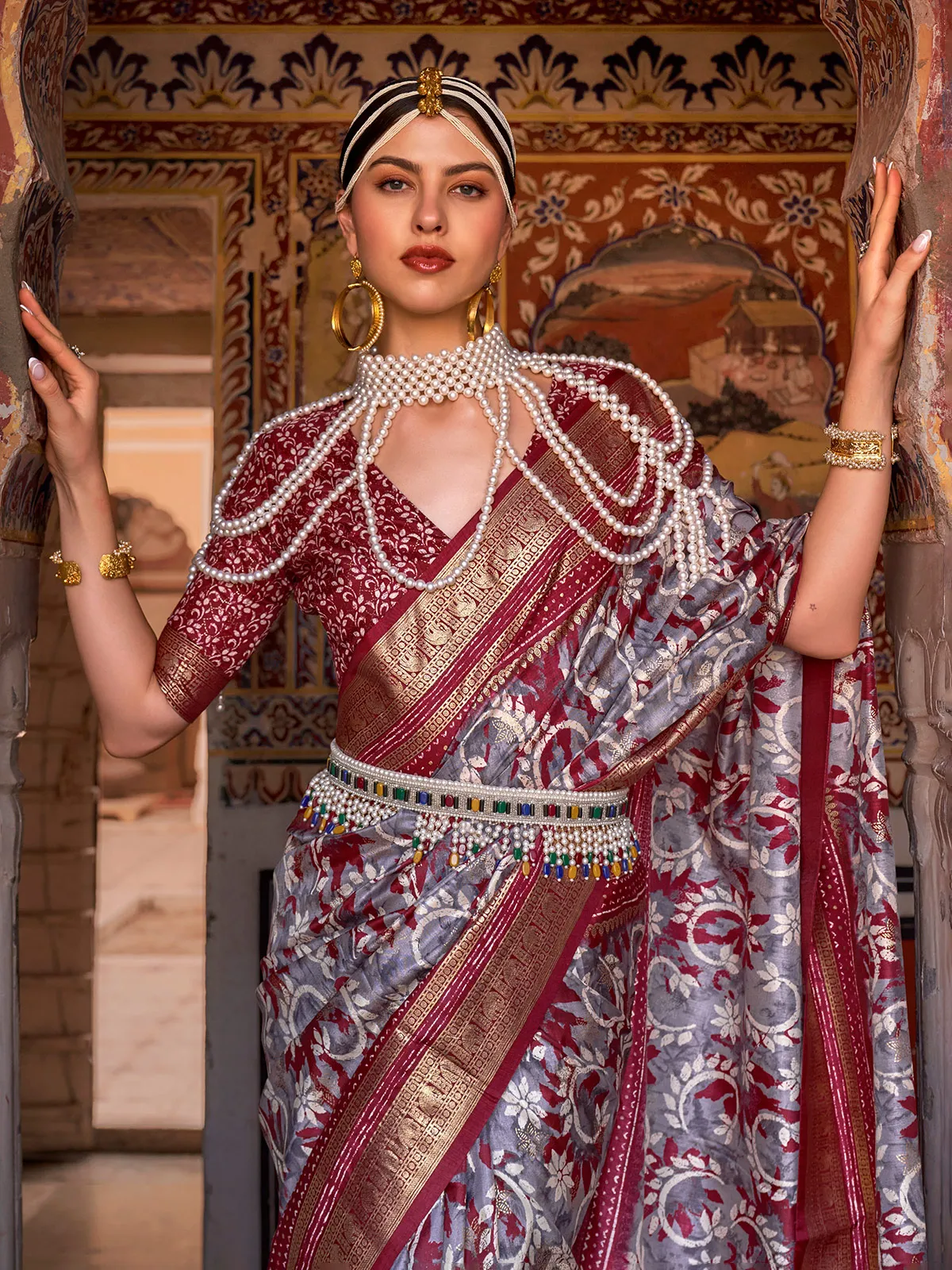 Silk wine printed wedding saree