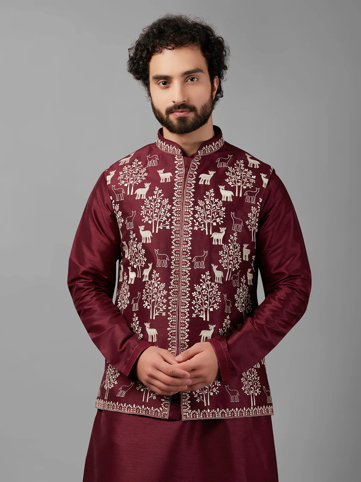 Silk maroon waistcoat set with embroidery