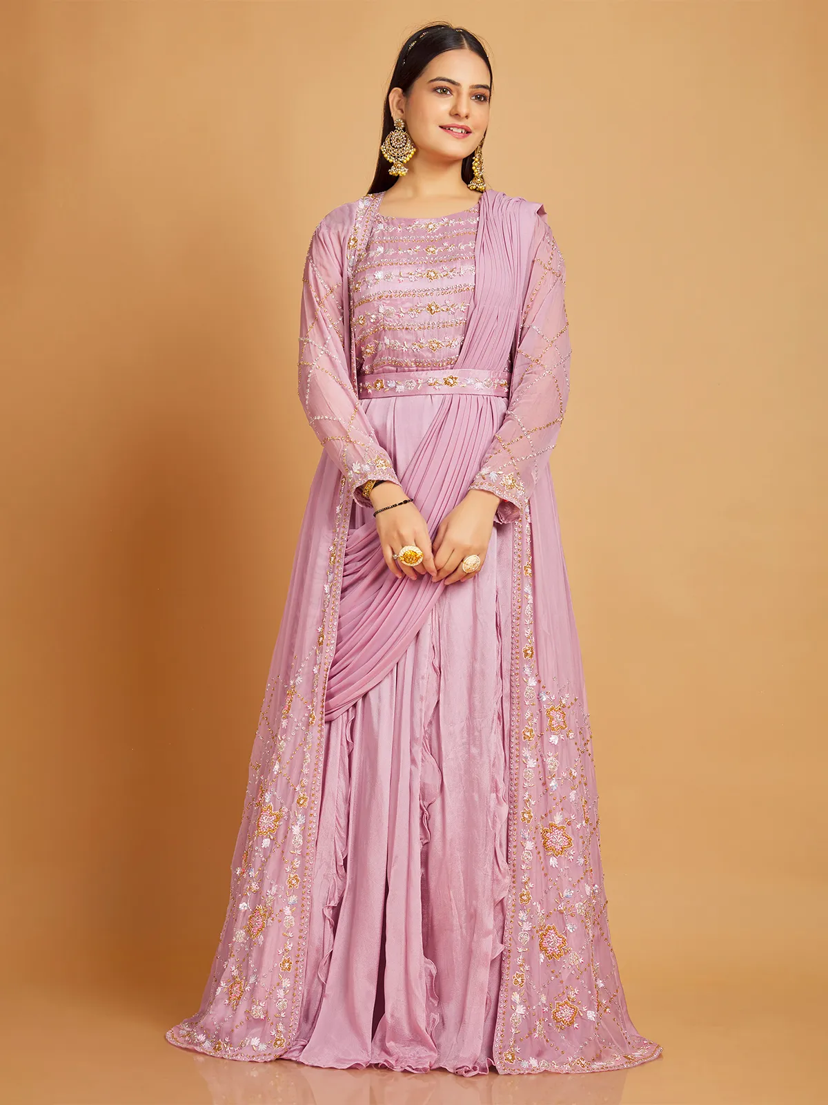 Silk mauve pink floor length suit with shrug