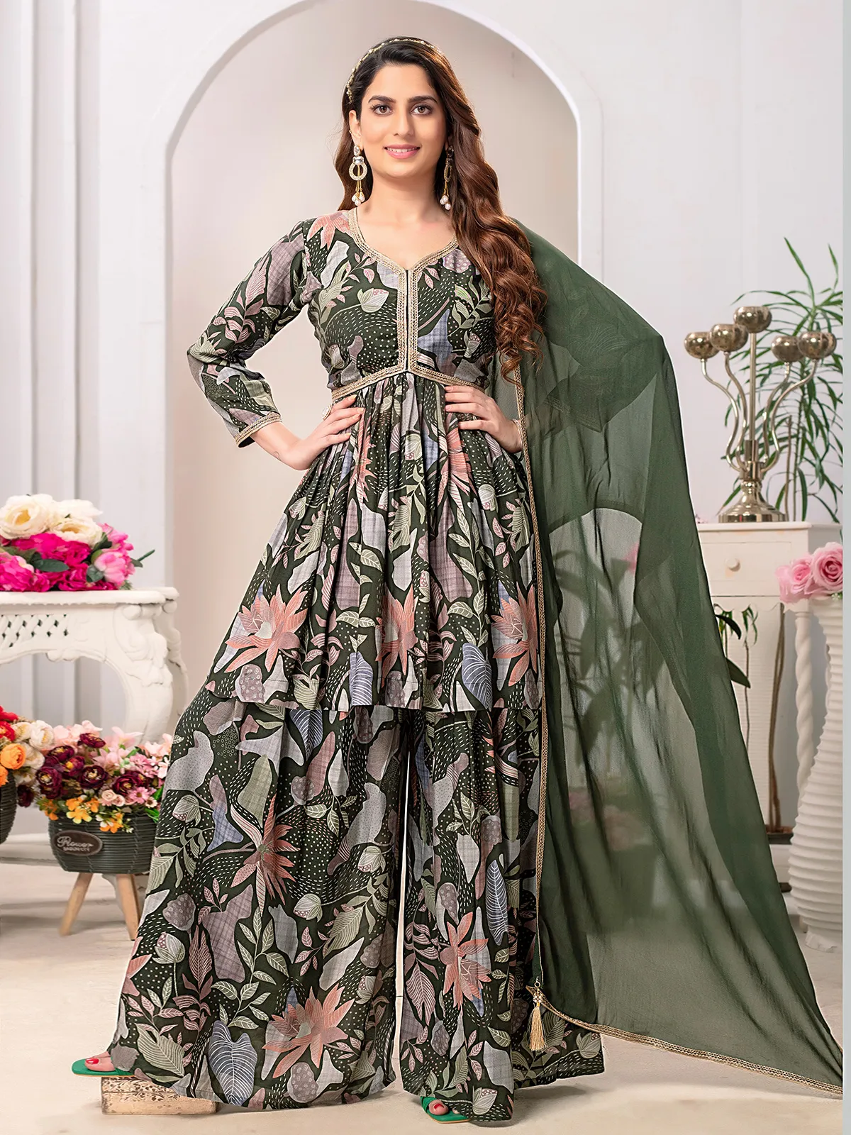 Silk mehendi green printed palazzo suit