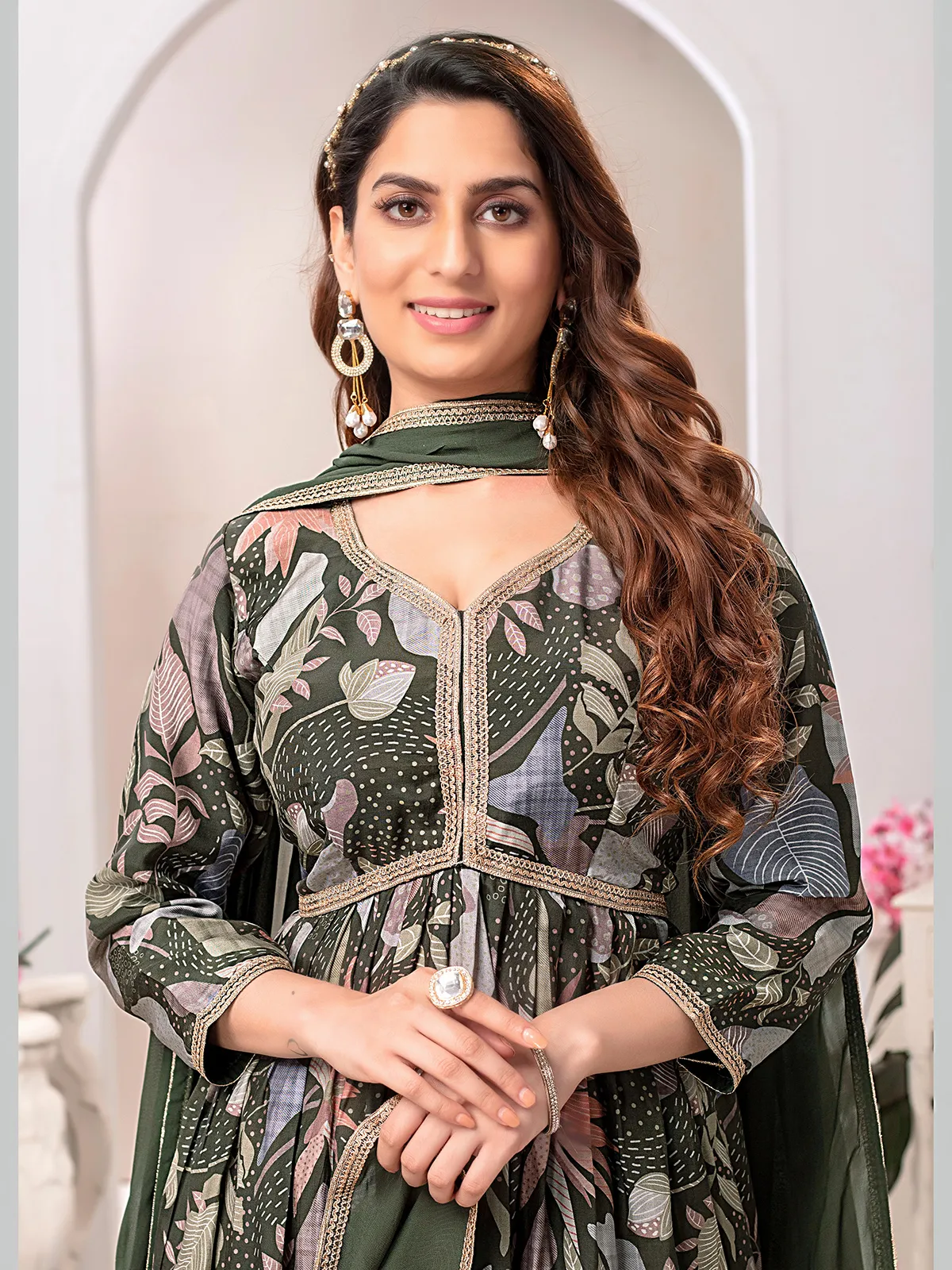 Silk mehendi green printed palazzo suit