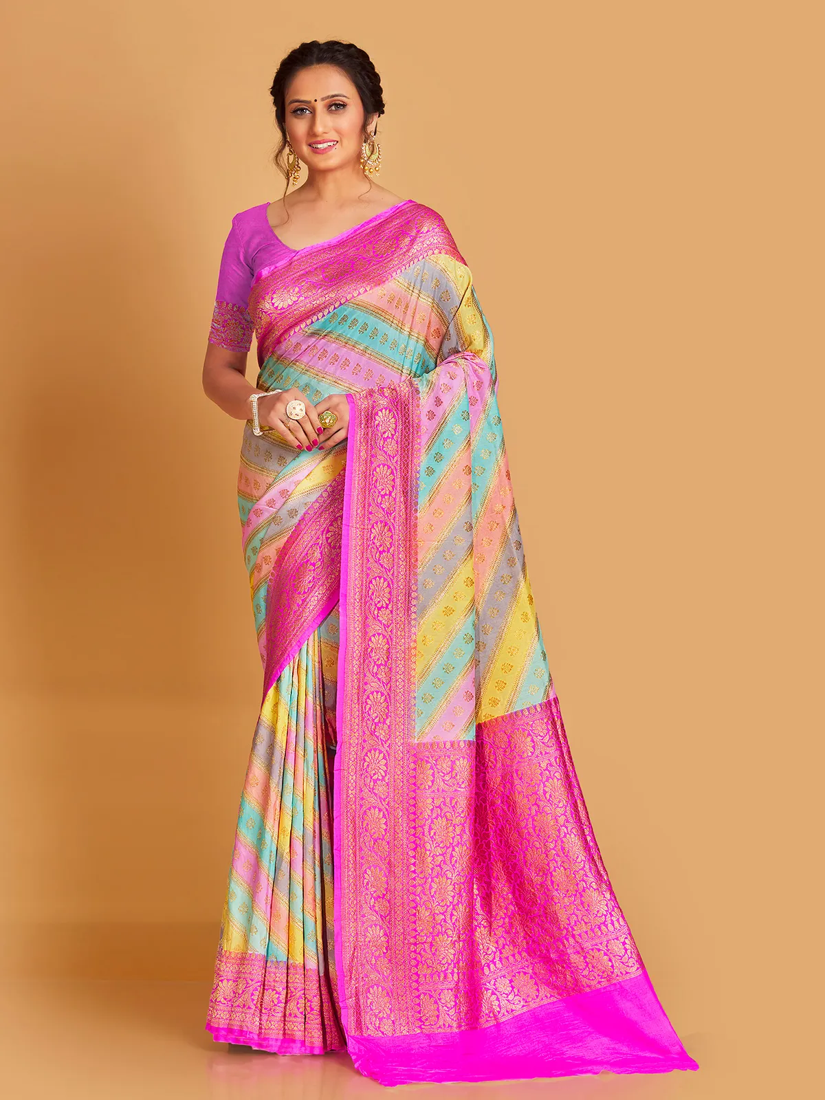 Silk multi color zari weaving saree