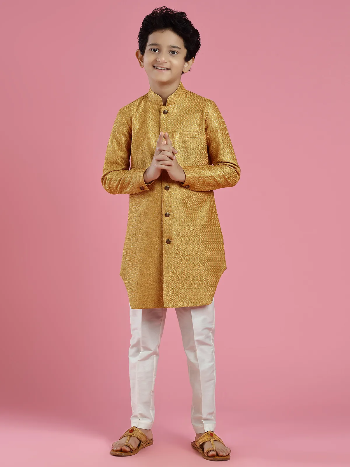 Silk mustard yellow indowestern for wedding