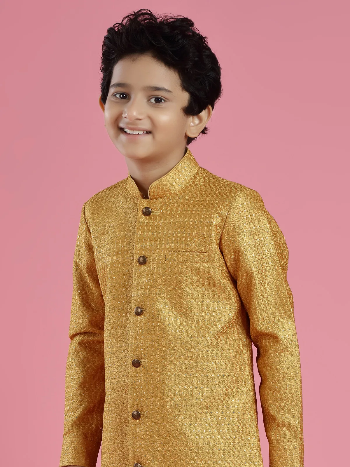 Silk mustard yellow indowestern for wedding