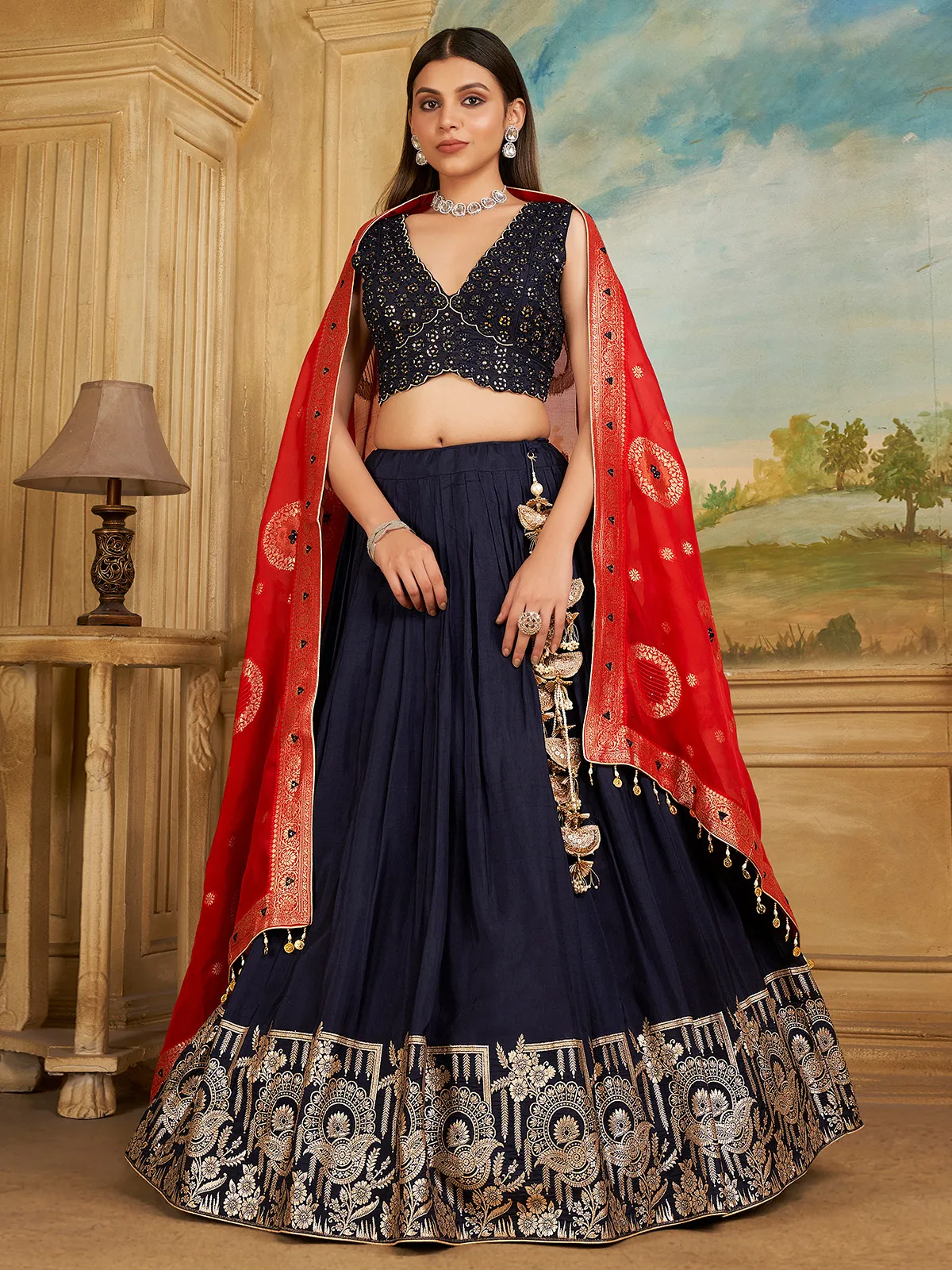 Silk navy lehenga choli with contrast dupatta