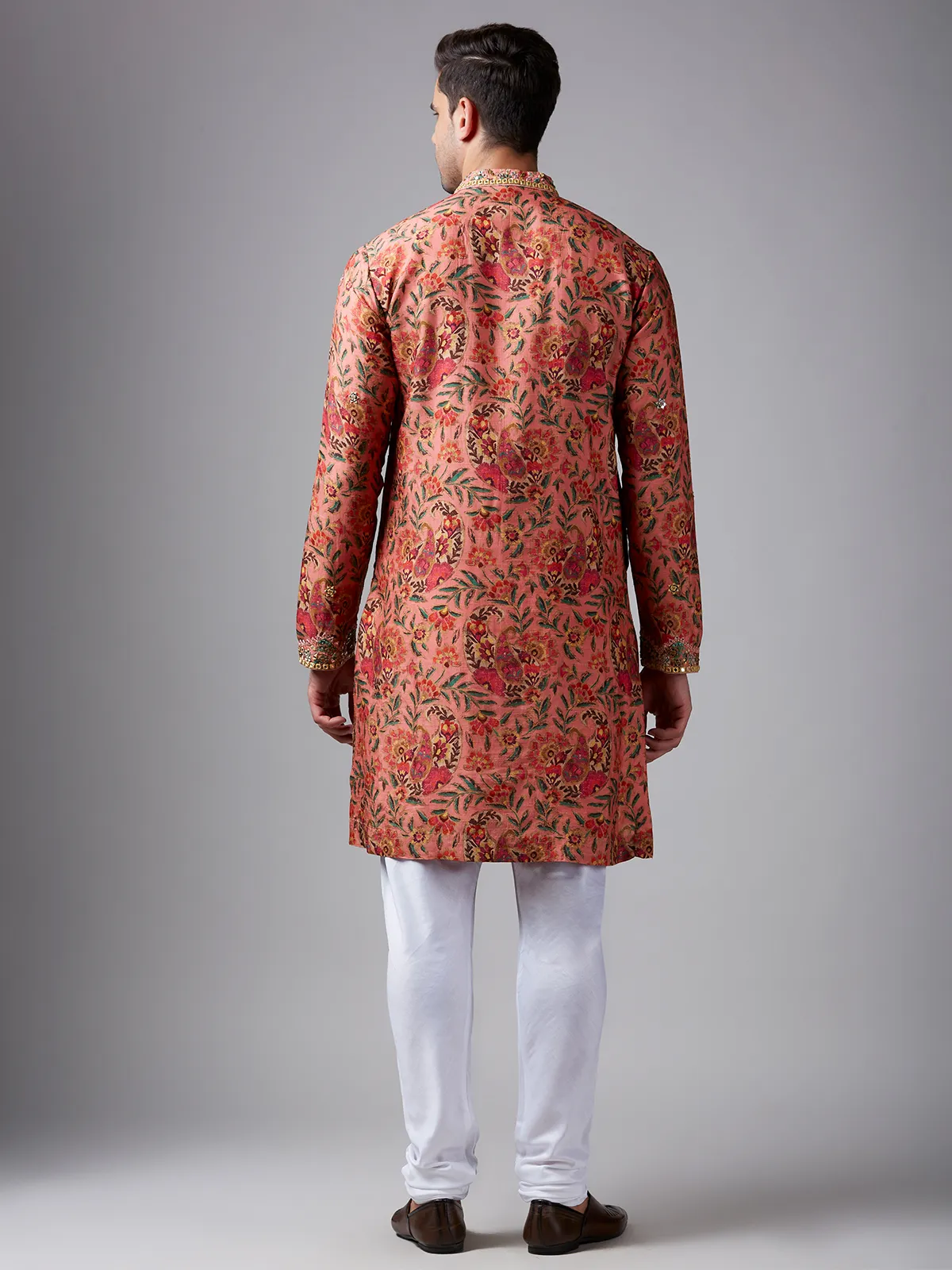 Silk orange floral printed  Men Kurta pajama