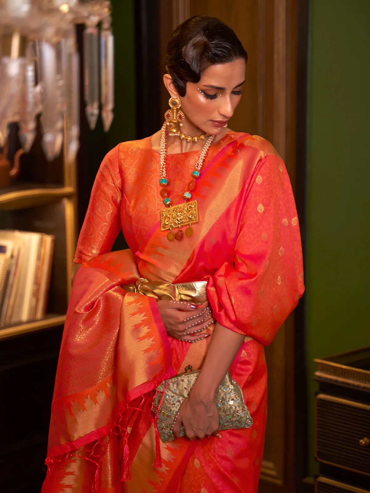 Silk orange saree with zari work