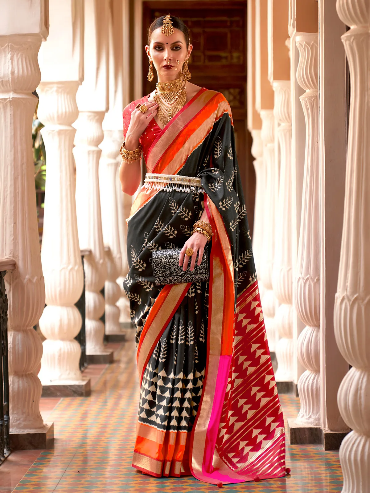 Silk patola printed saree in black