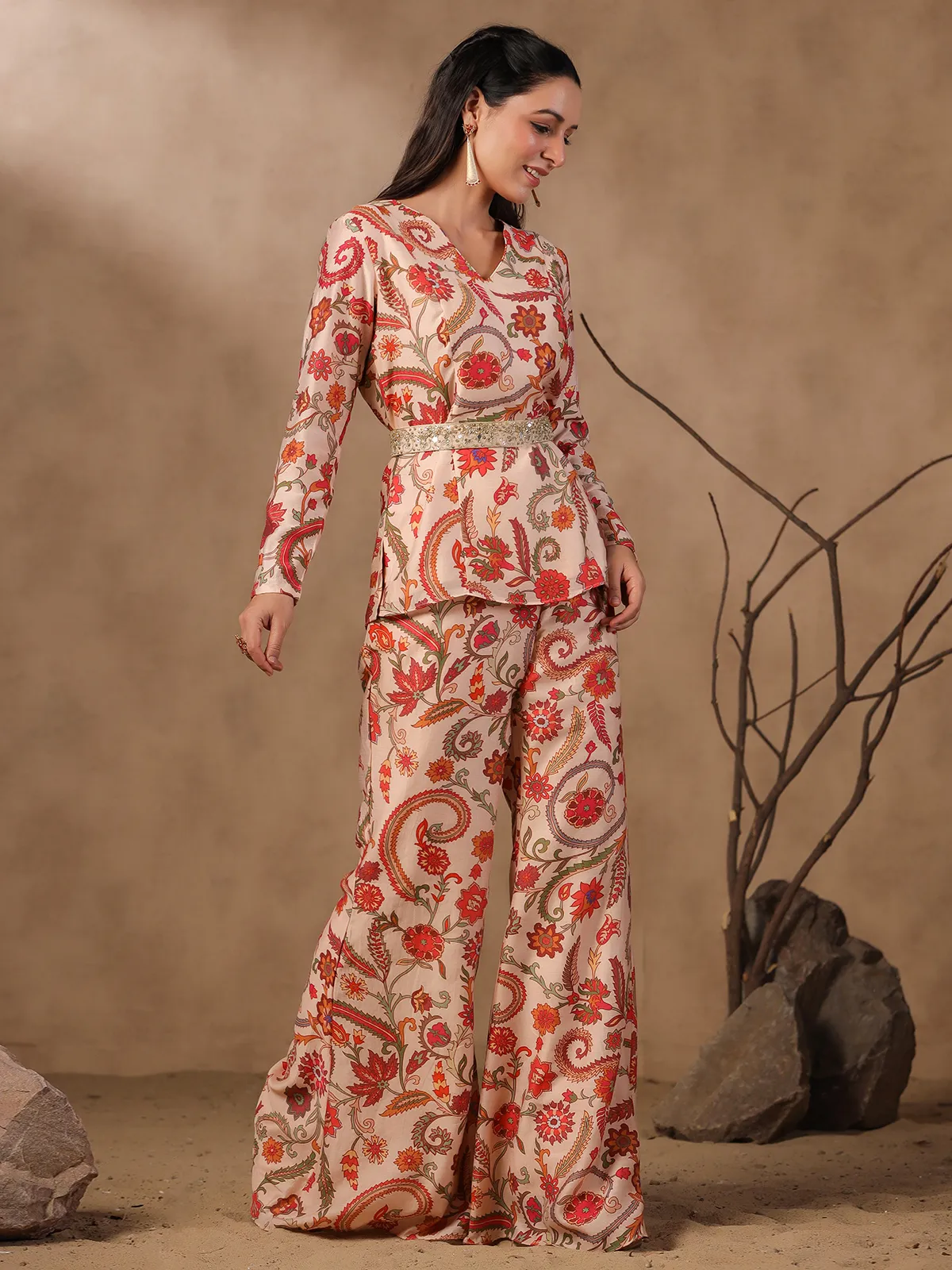 Silk peach printed co-ord set