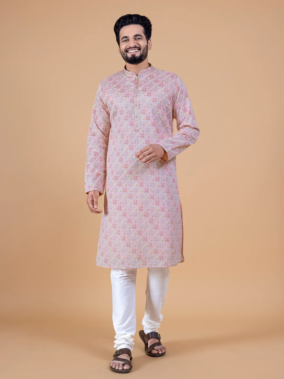 Silk peach thread work kurta suit