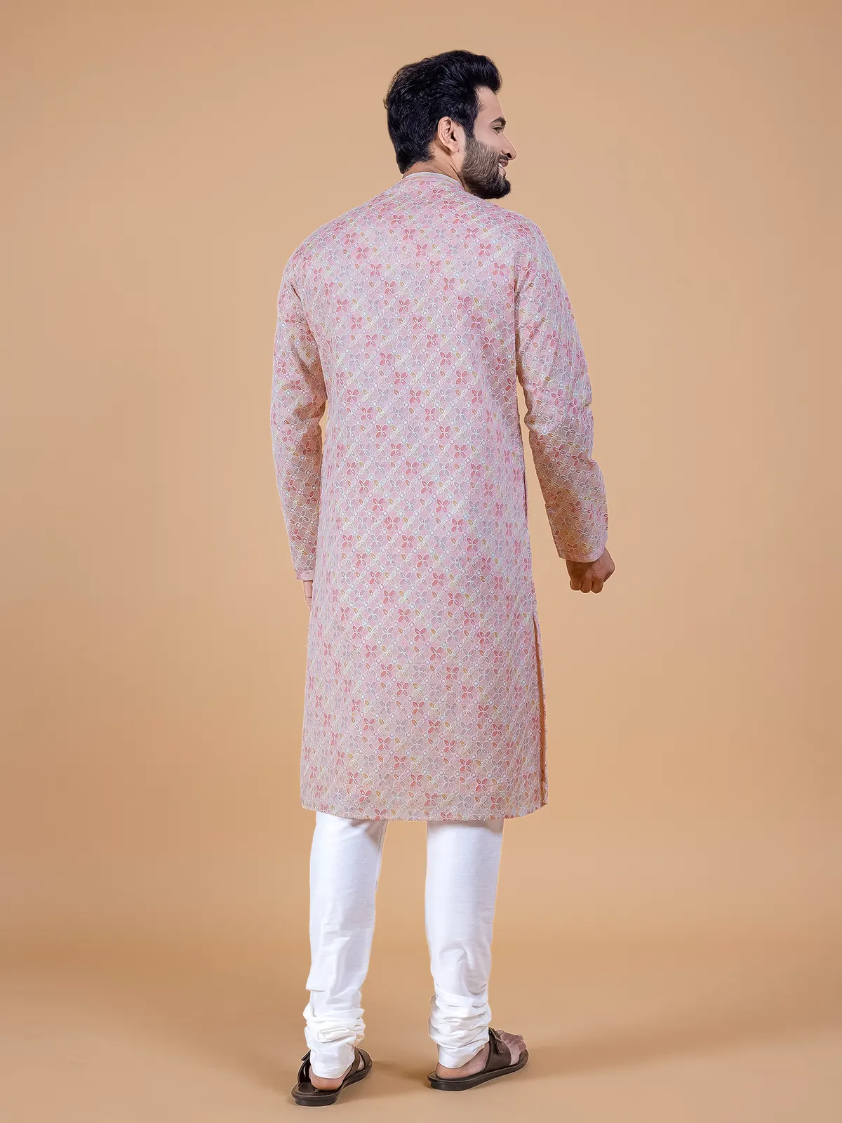 Silk peach thread work kurta suit