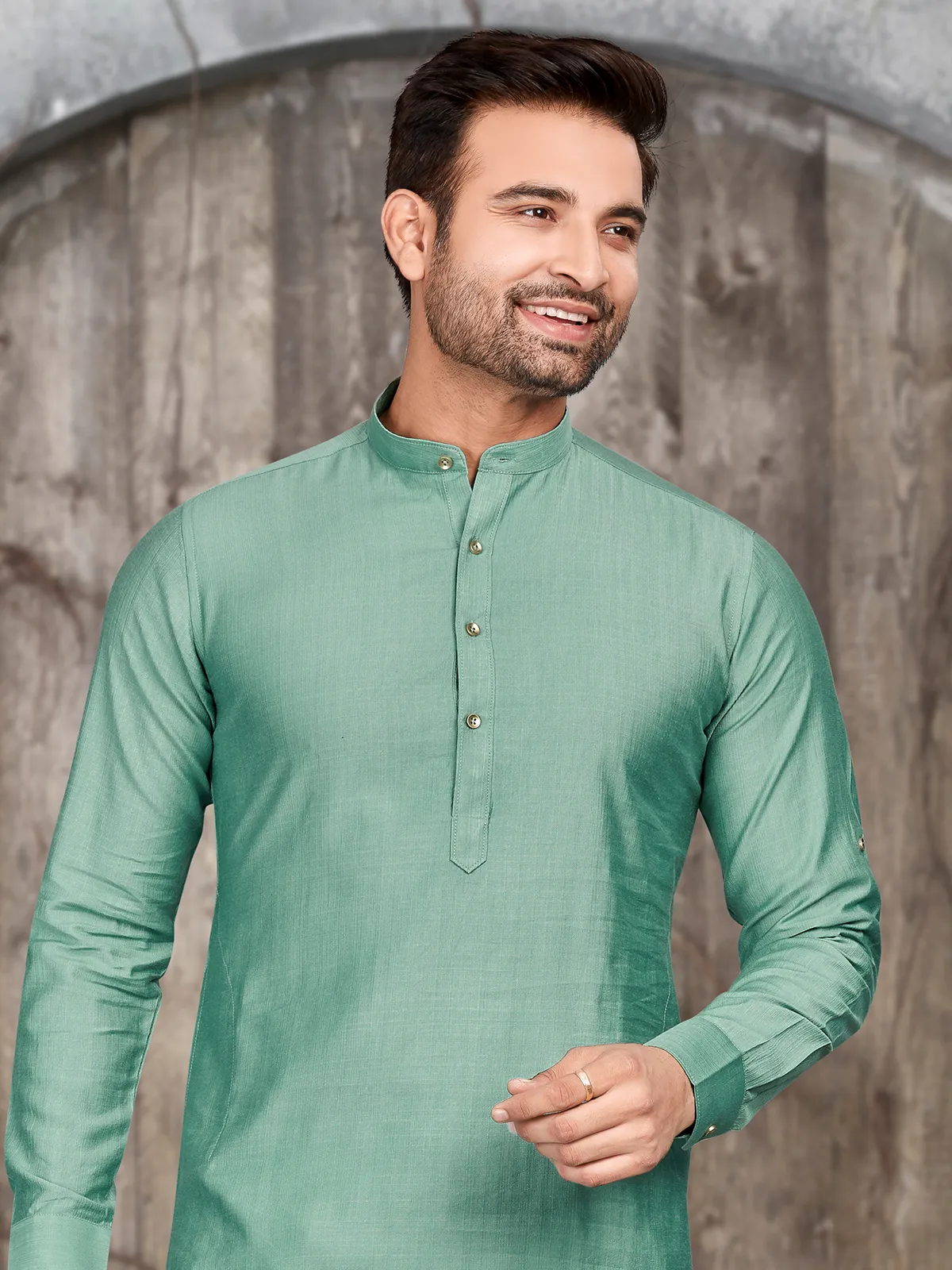 Silk pista green plain  Men Kurta pajama