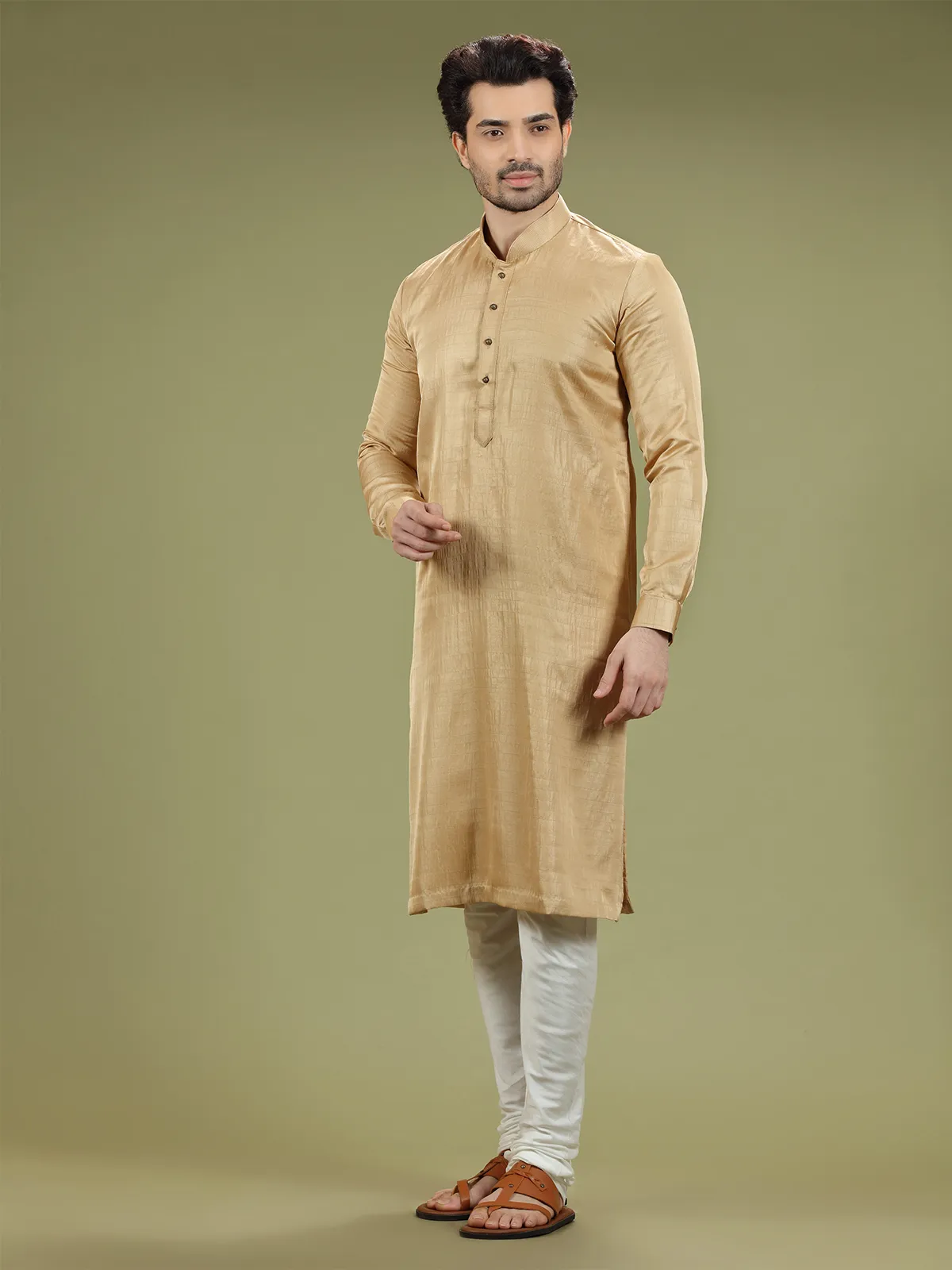 Silk plain gold  Men Kurta pajama