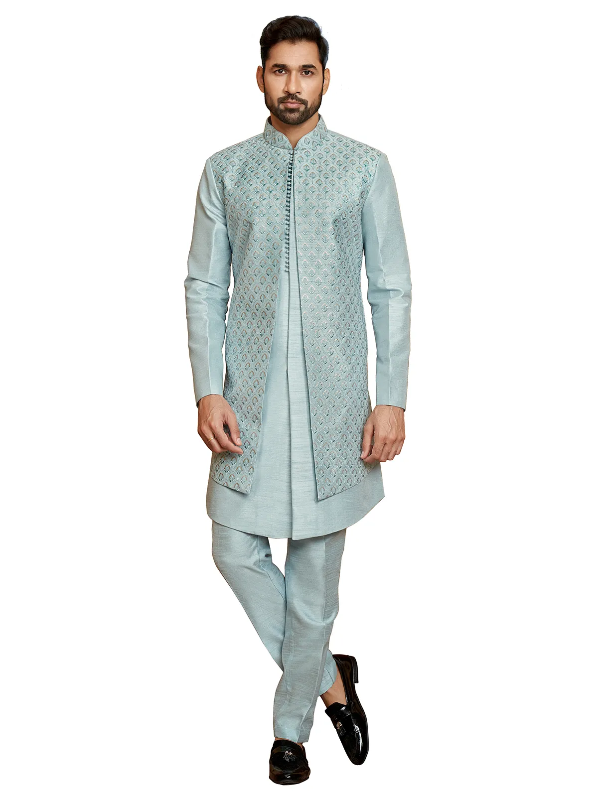 Silk powder blue wedding wear indowestern