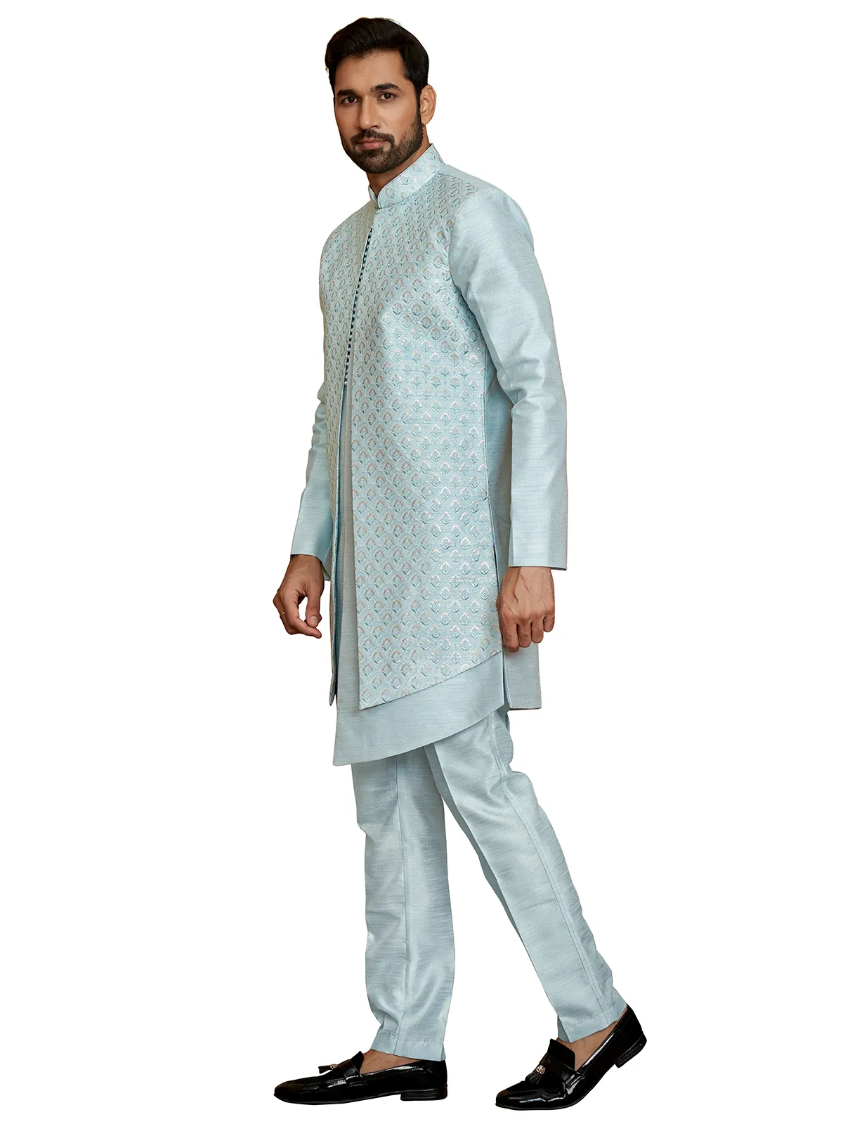 Silk powder blue wedding wear indowestern