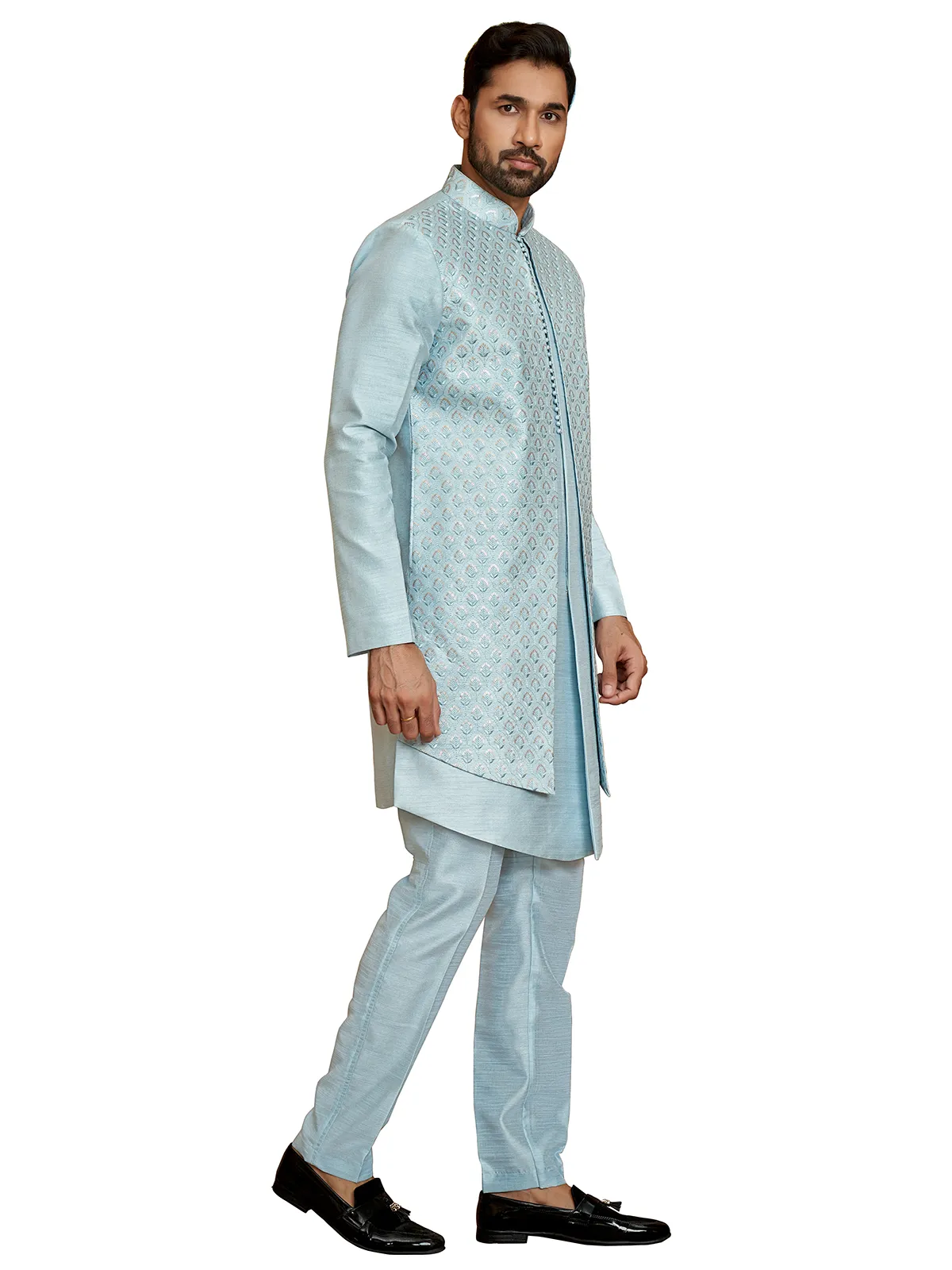 Silk powder blue wedding wear indowestern