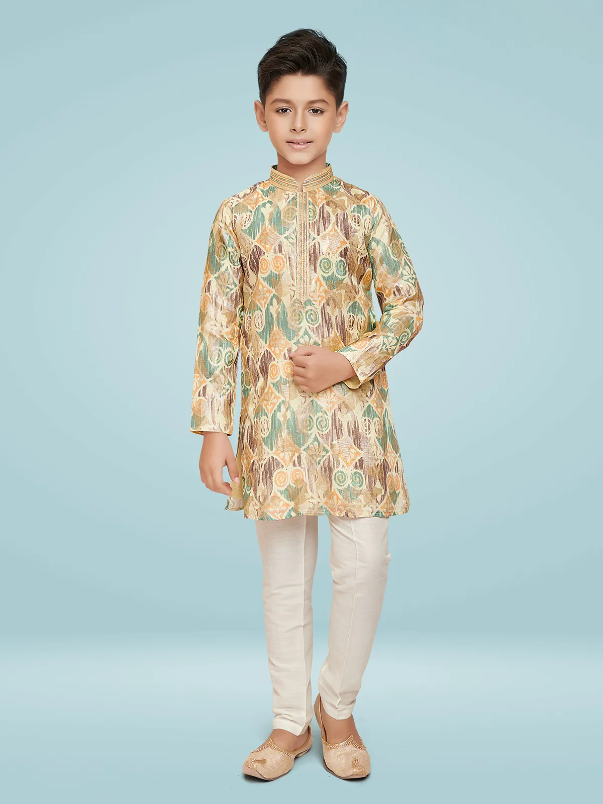 Silk printed cream kurta suit for festive