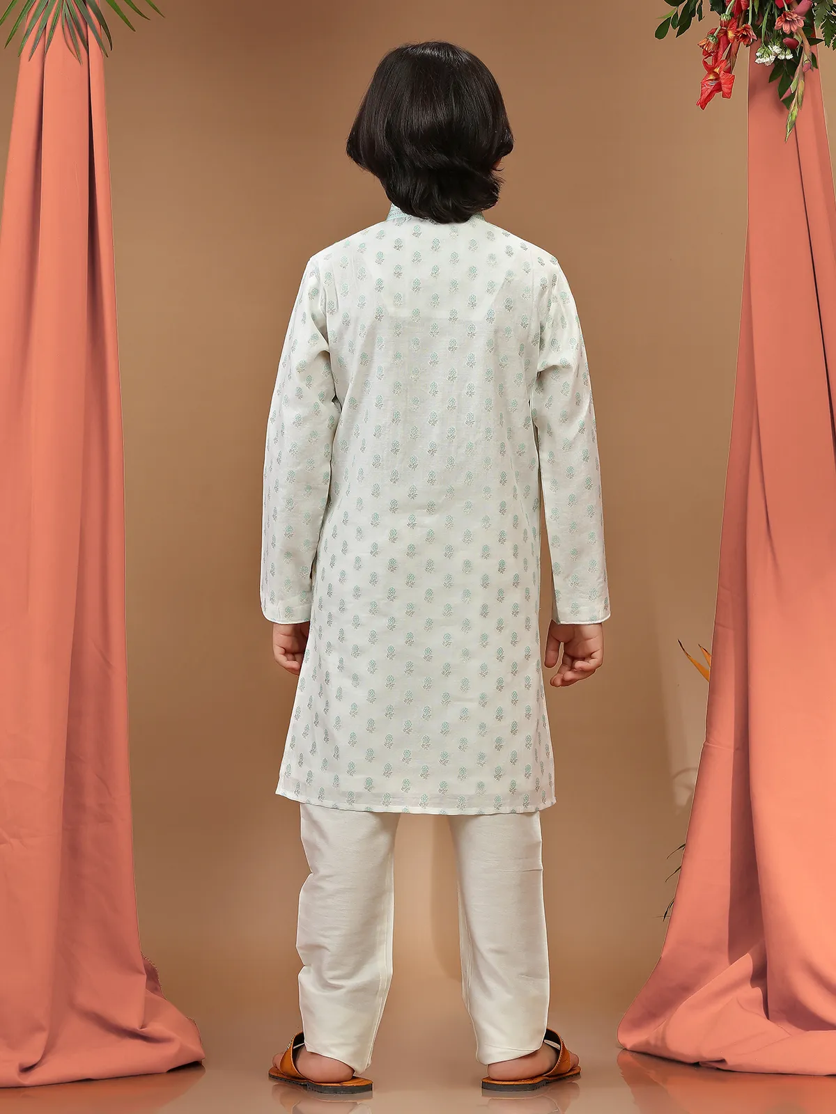 Silk printed festive kurta suit in white