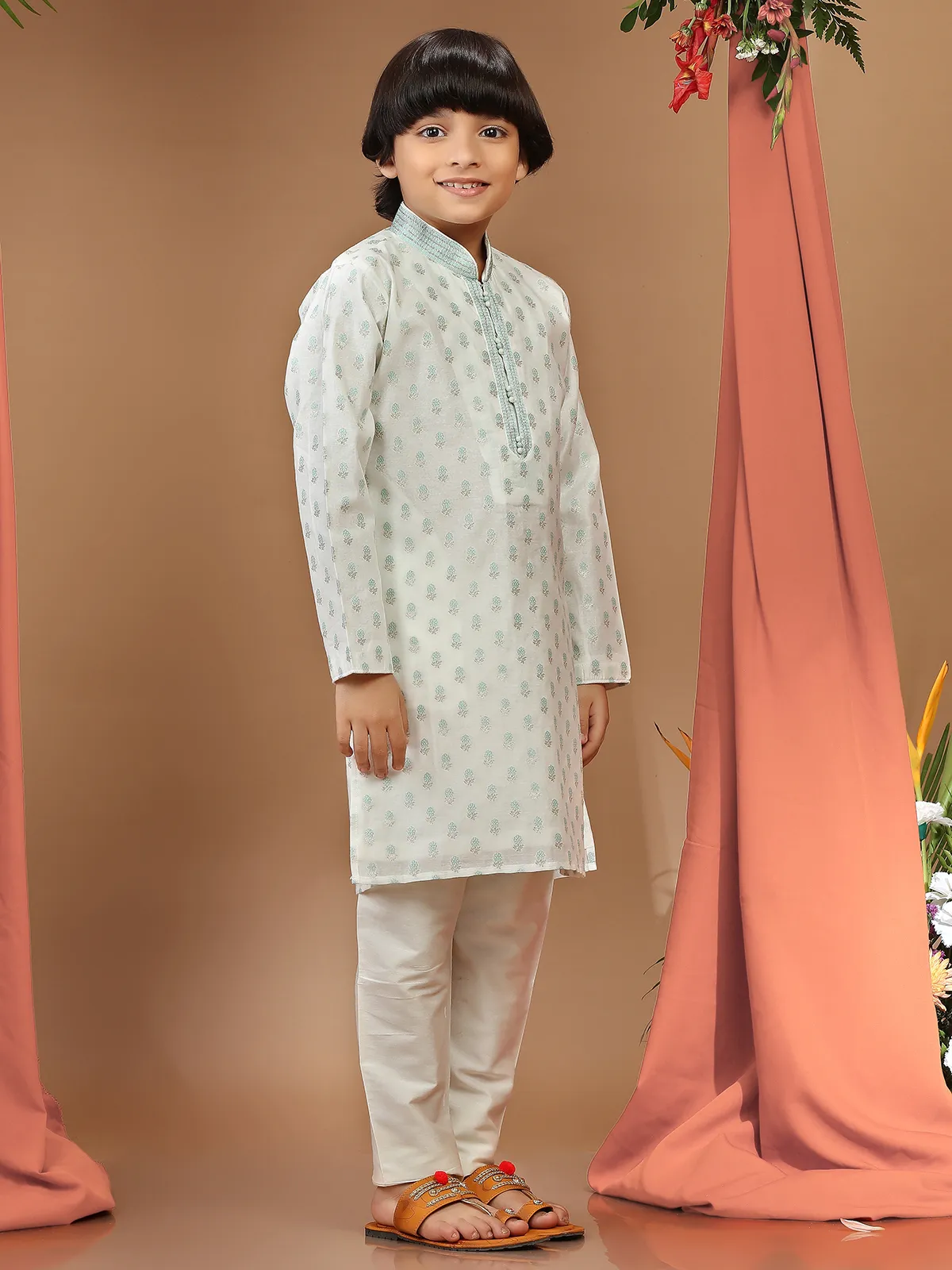 Silk printed festive kurta suit in white