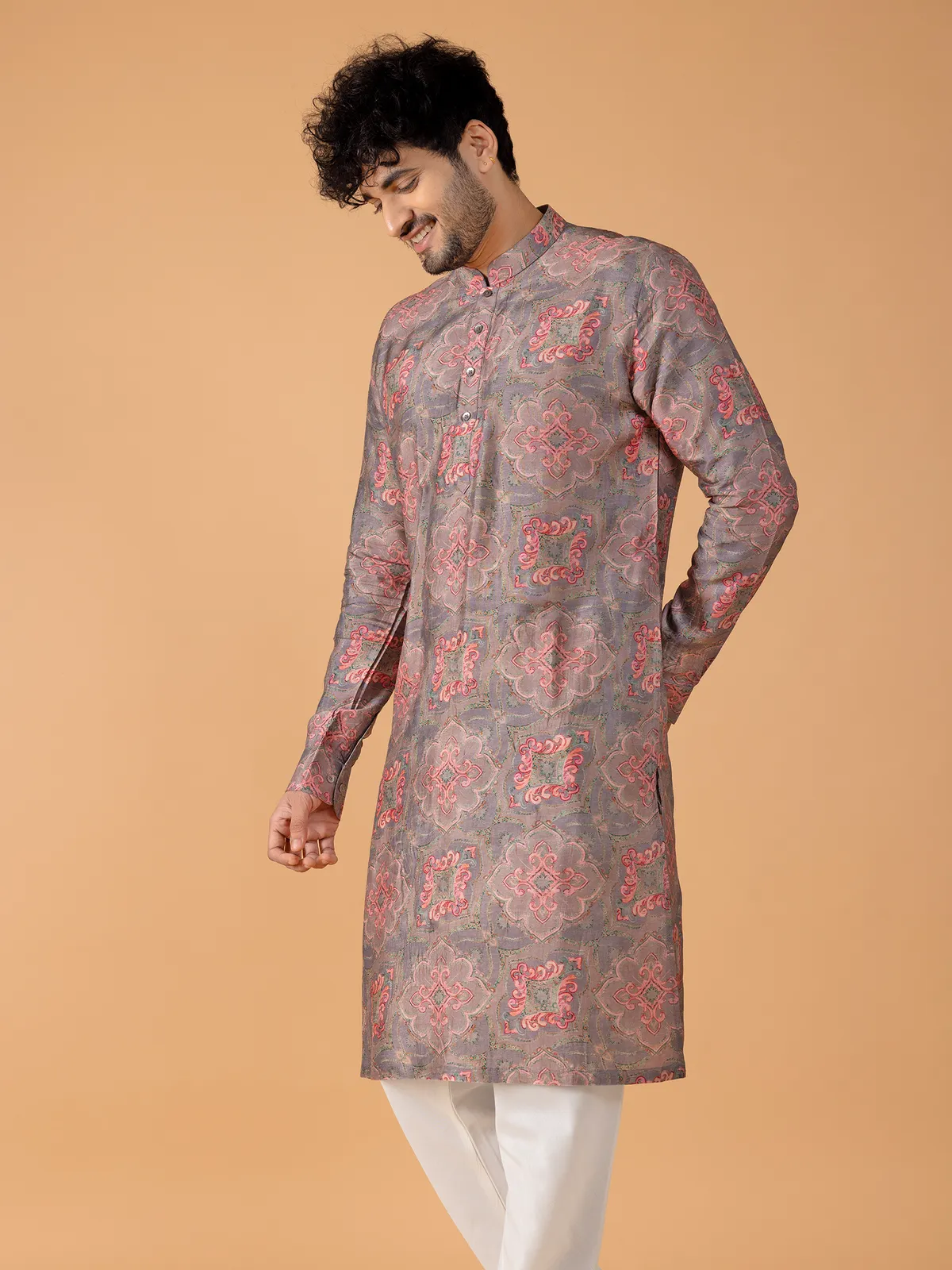 Silk printed grey kurta suit for festive