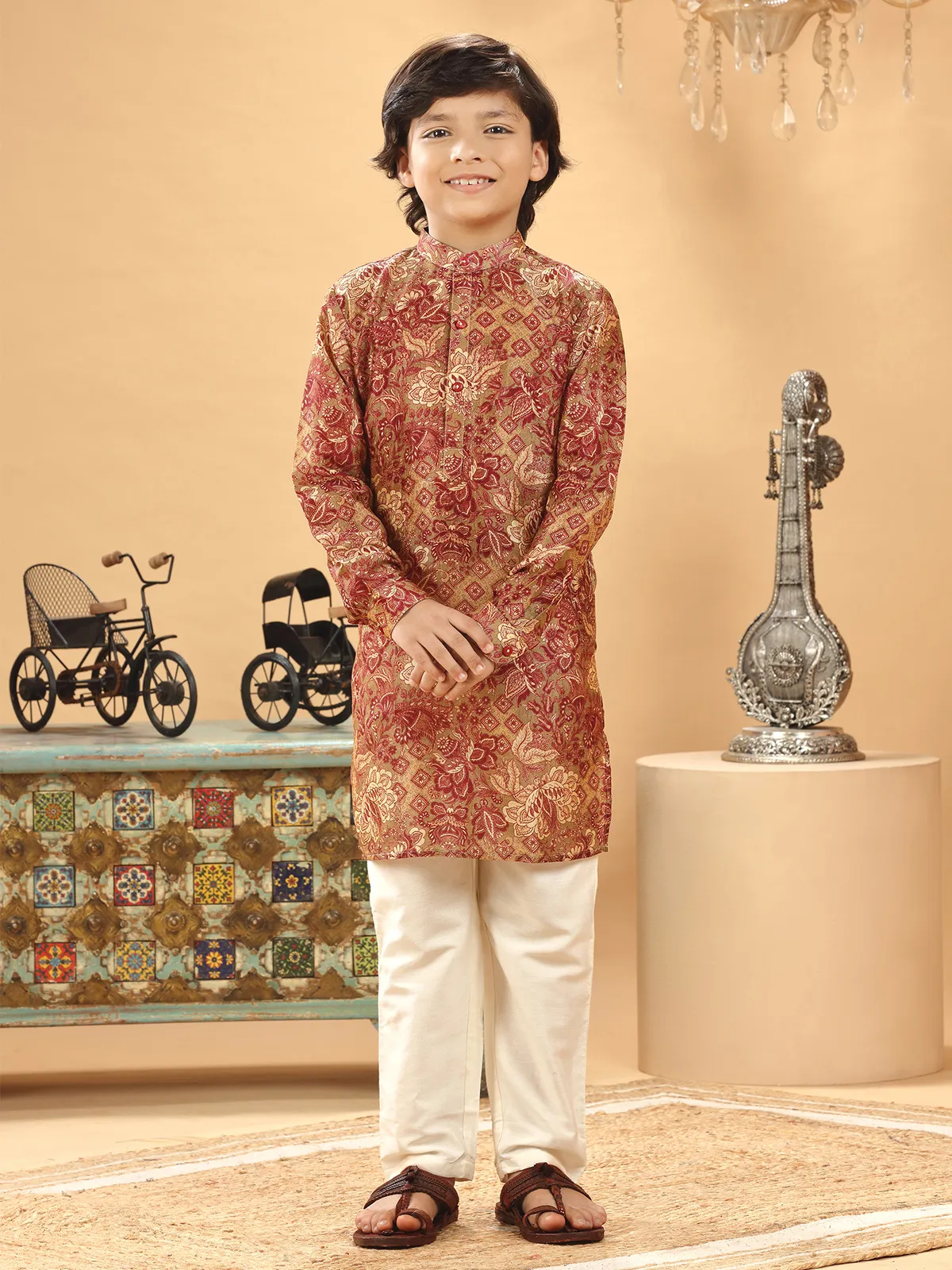 Silk printed kurta suit in beige