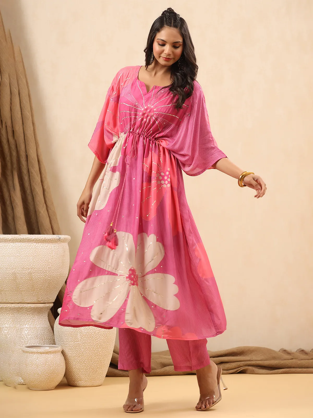 Silk printed pink casual kurti set