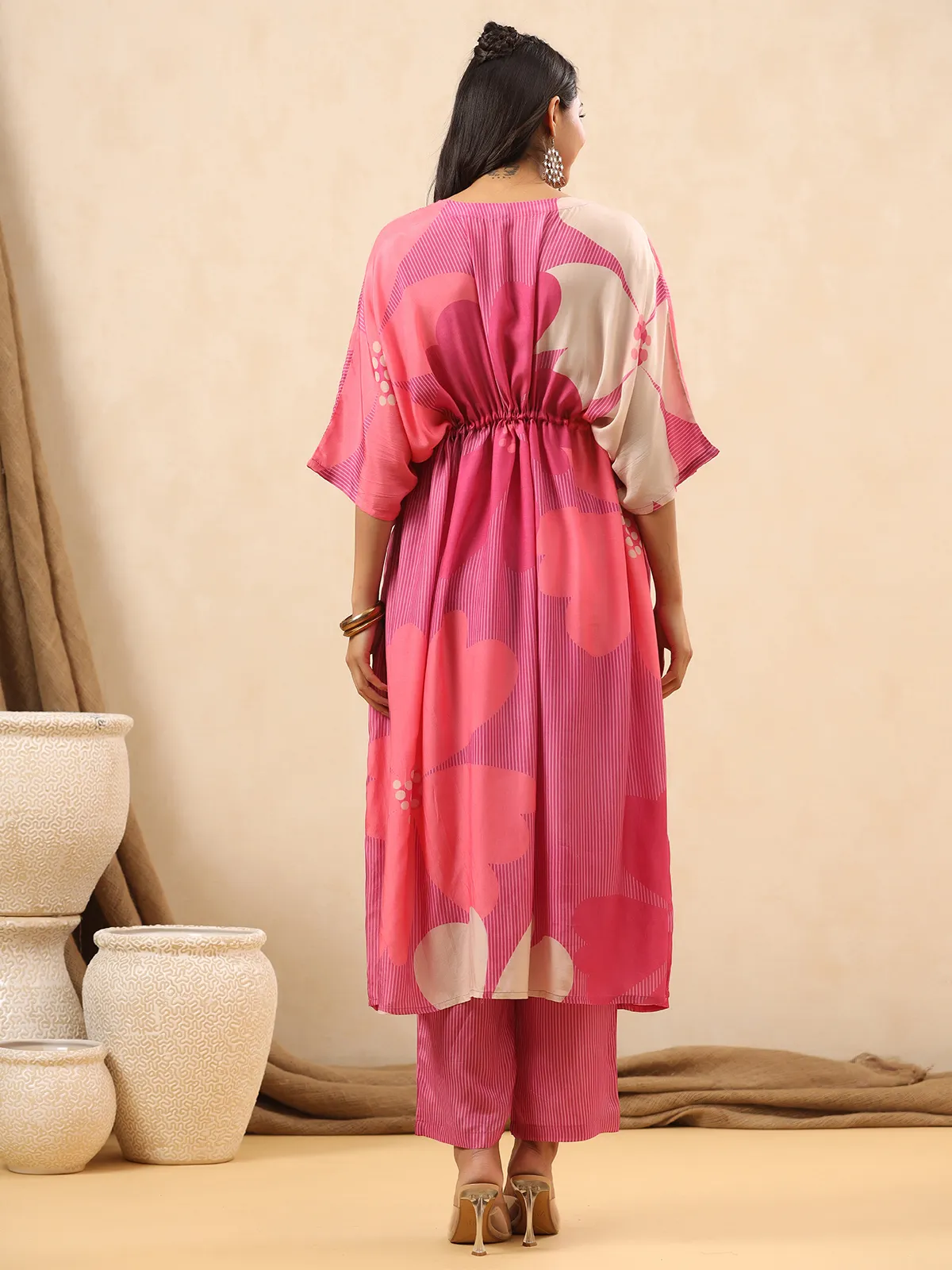 Silk printed pink casual kurti set