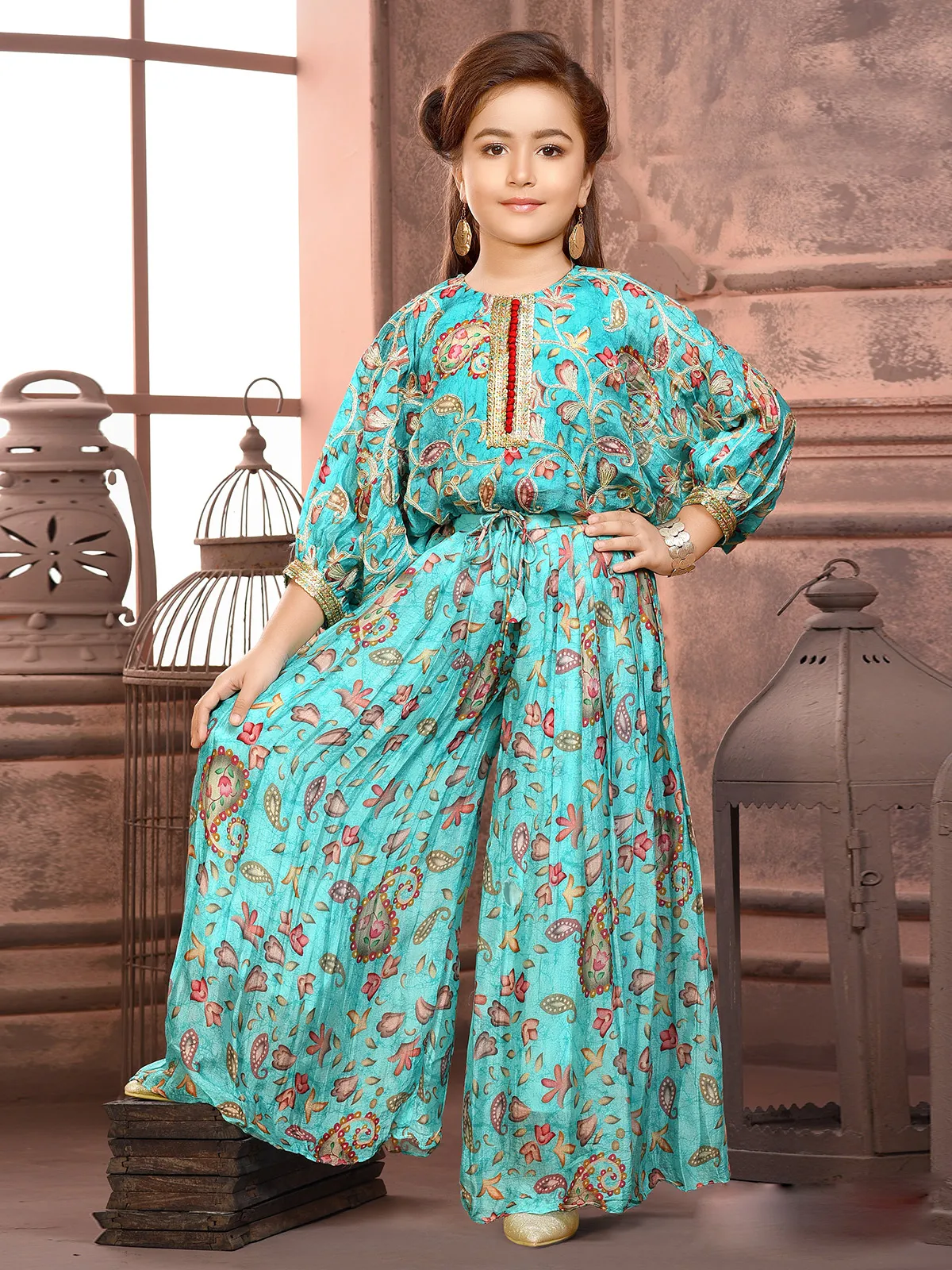 Silk printed rama blue palazzo suit