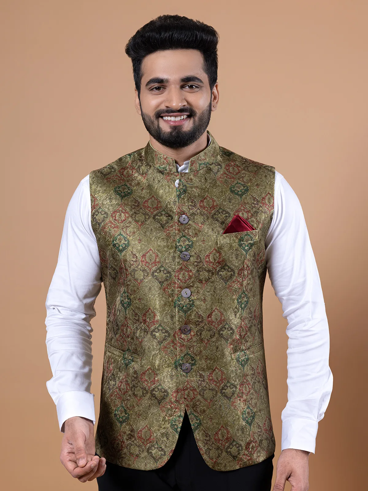 Silk printed waistcoat in olive