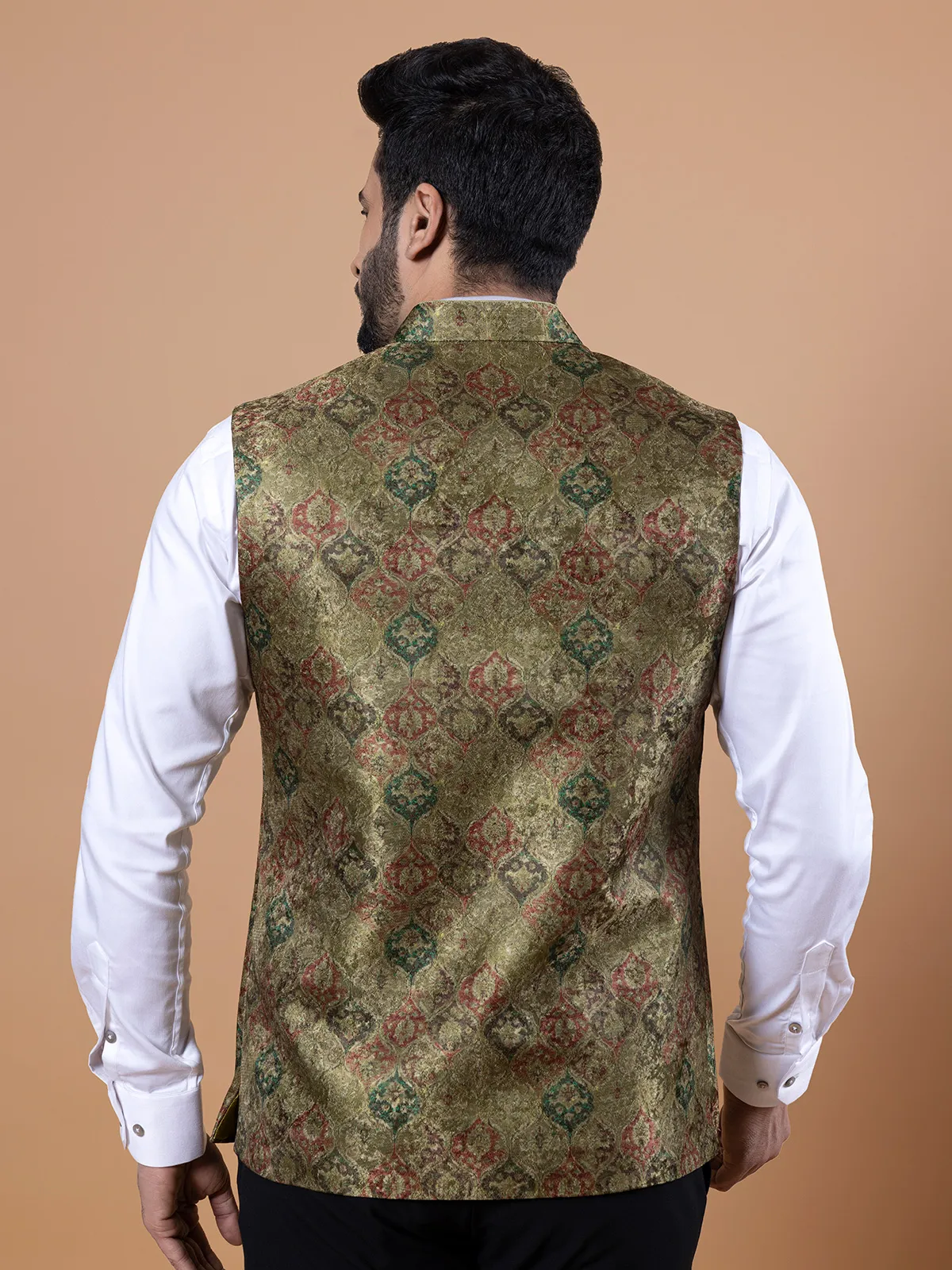 Silk printed waistcoat in olive