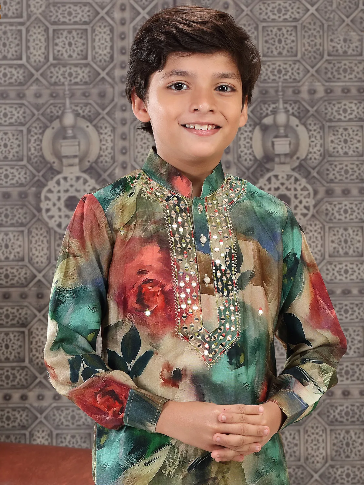 Silk rama green printed kurta suit