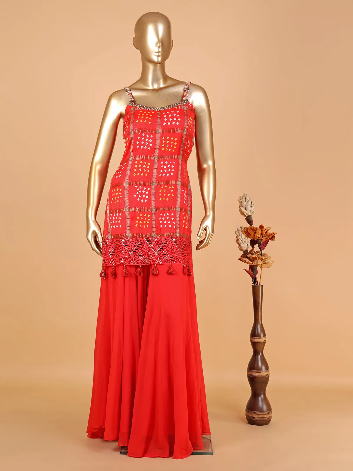 Silk red printed palazzo suit with dupatta