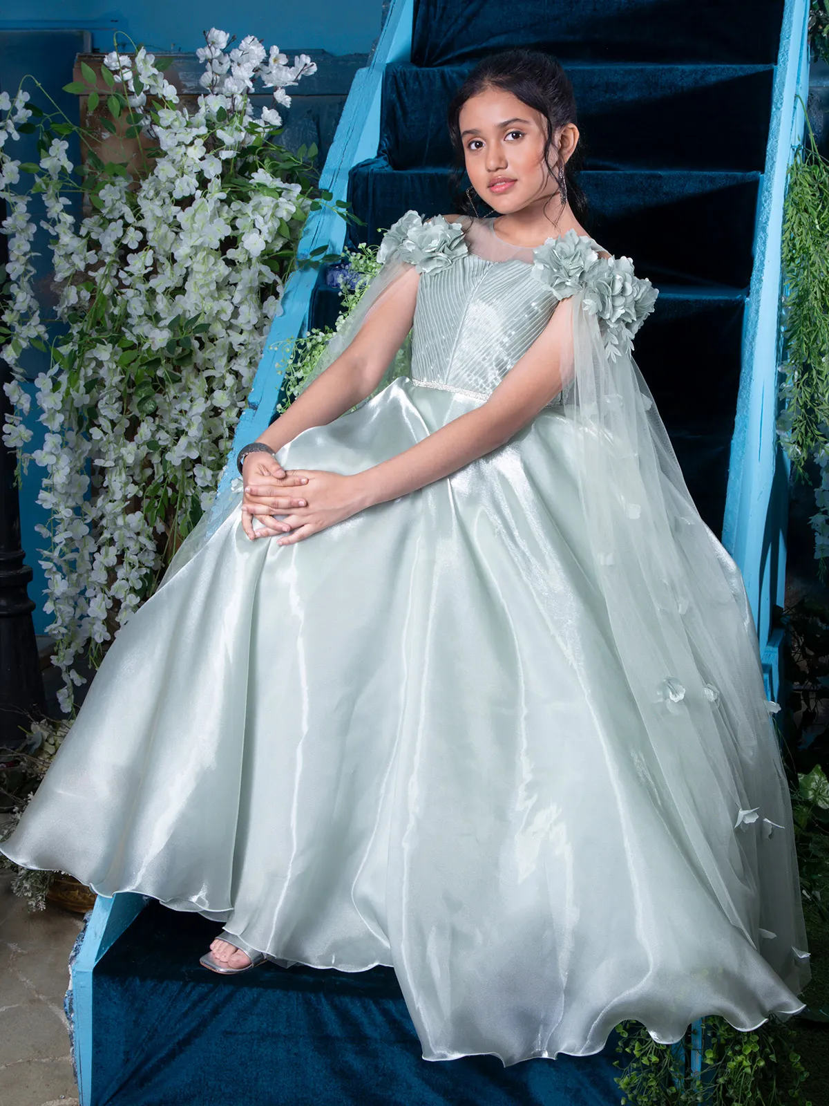Silk silver party gown for girls