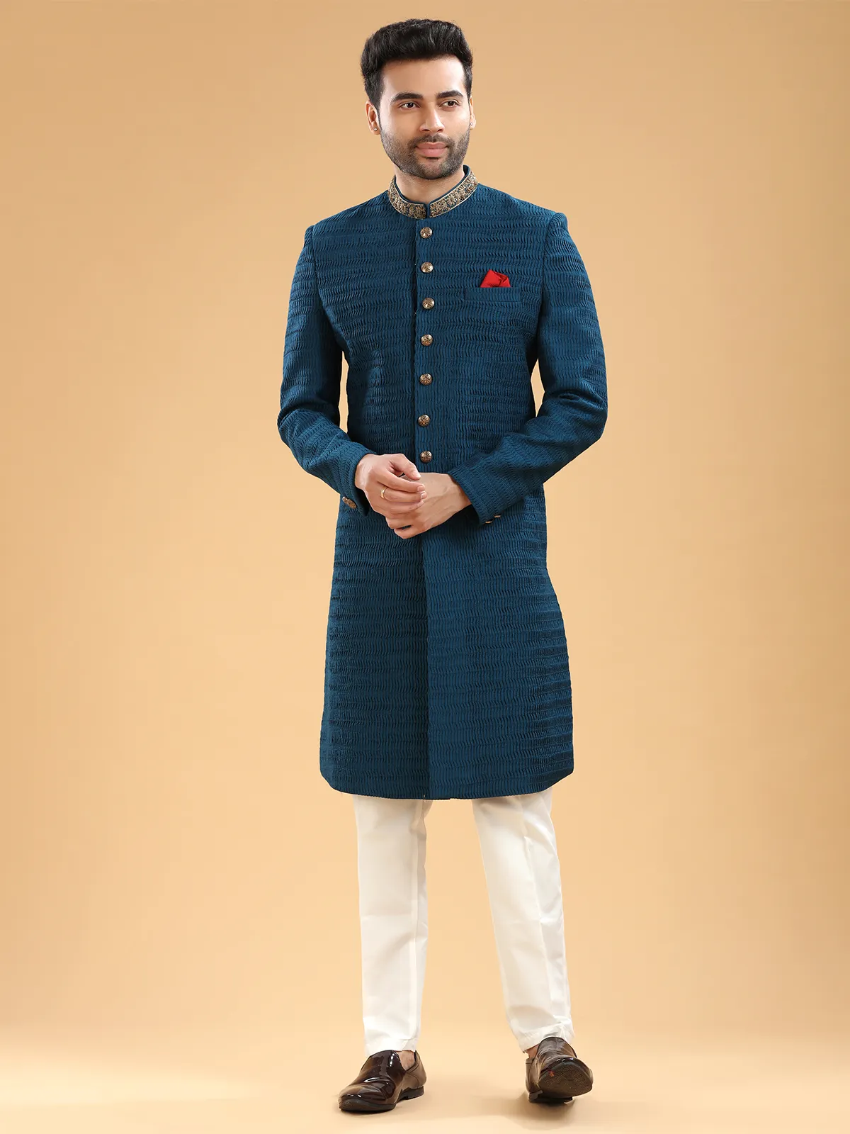 Silk teal blue indowestern