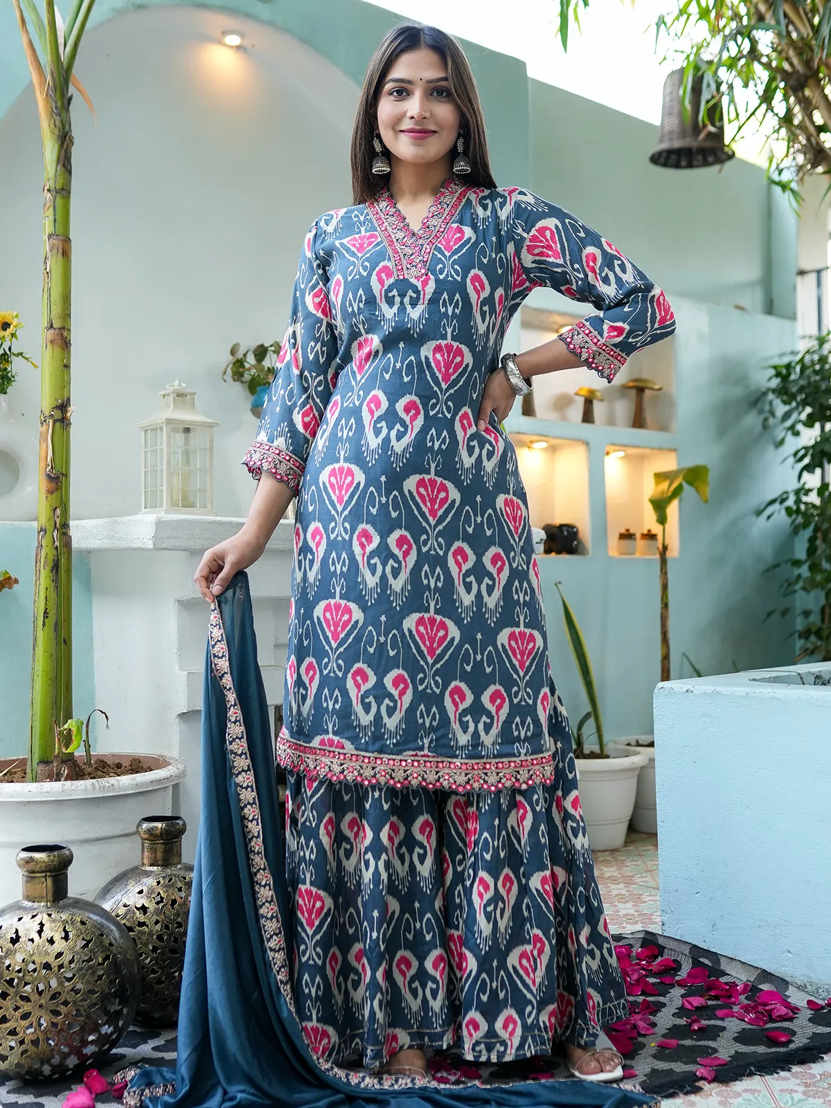 Silk teal blue printed sharara suit