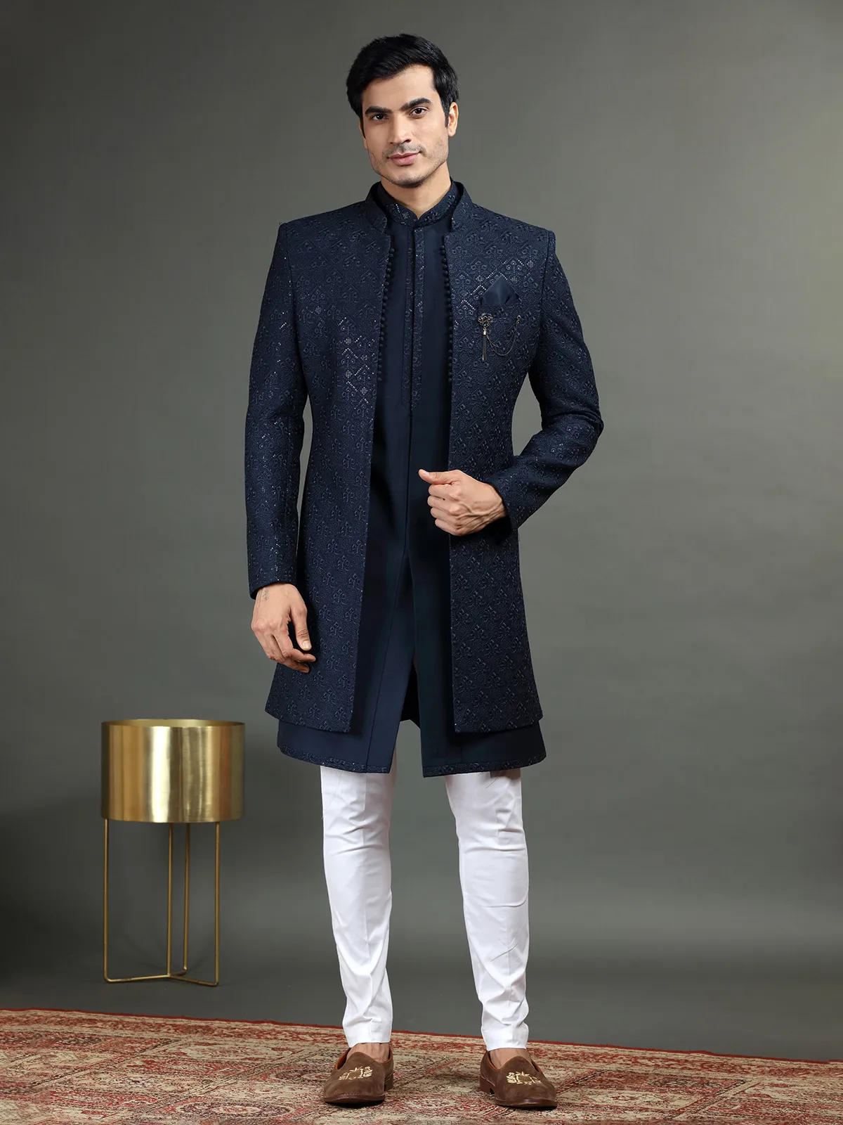 Silk wedding indowestern in navy