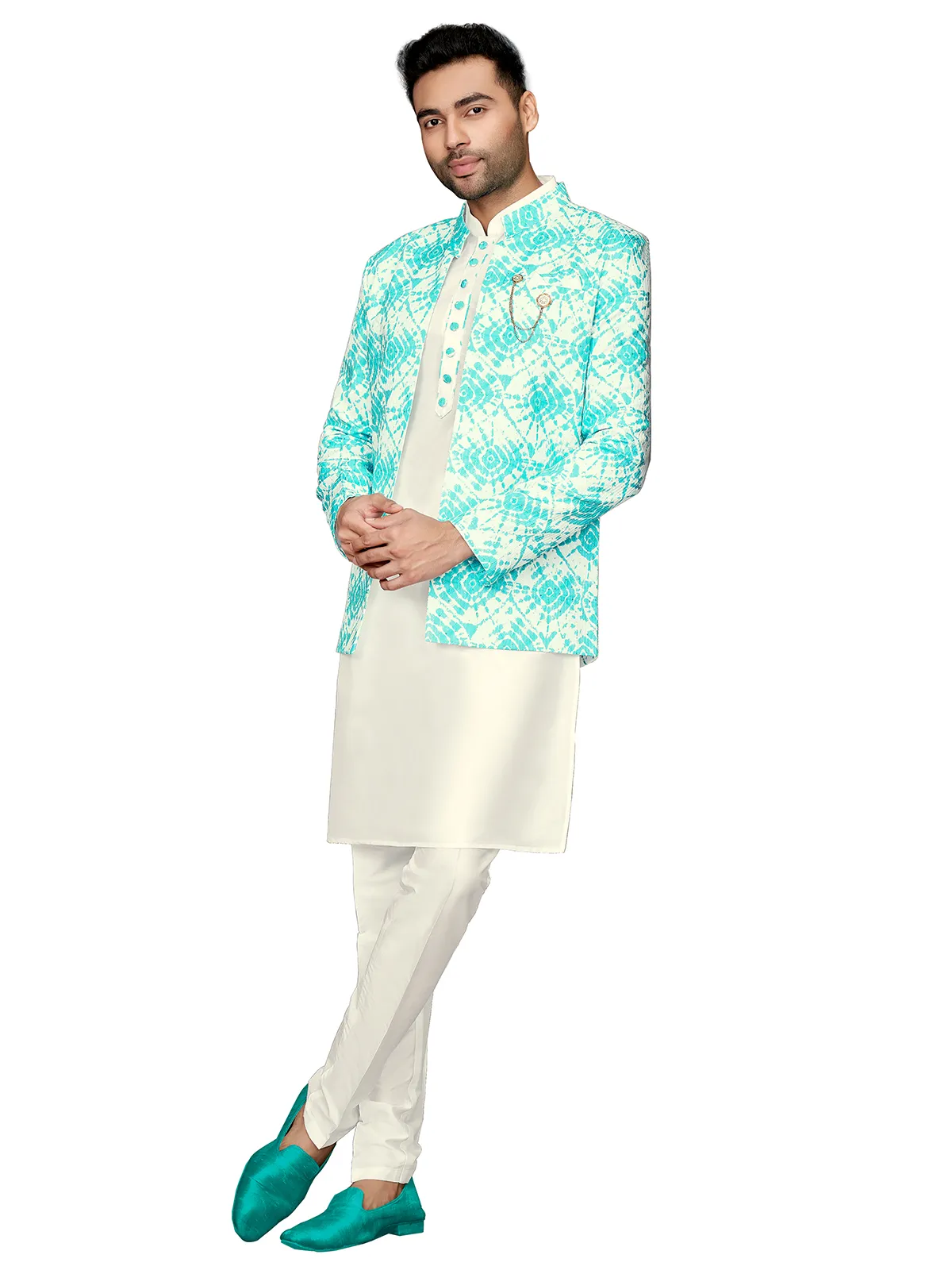 Silk wedding look aqua and cream indowestern