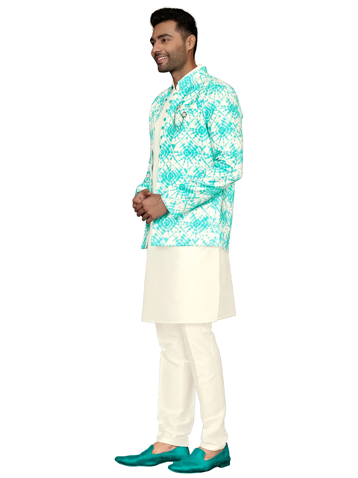 Silk wedding look aqua and cream indowestern