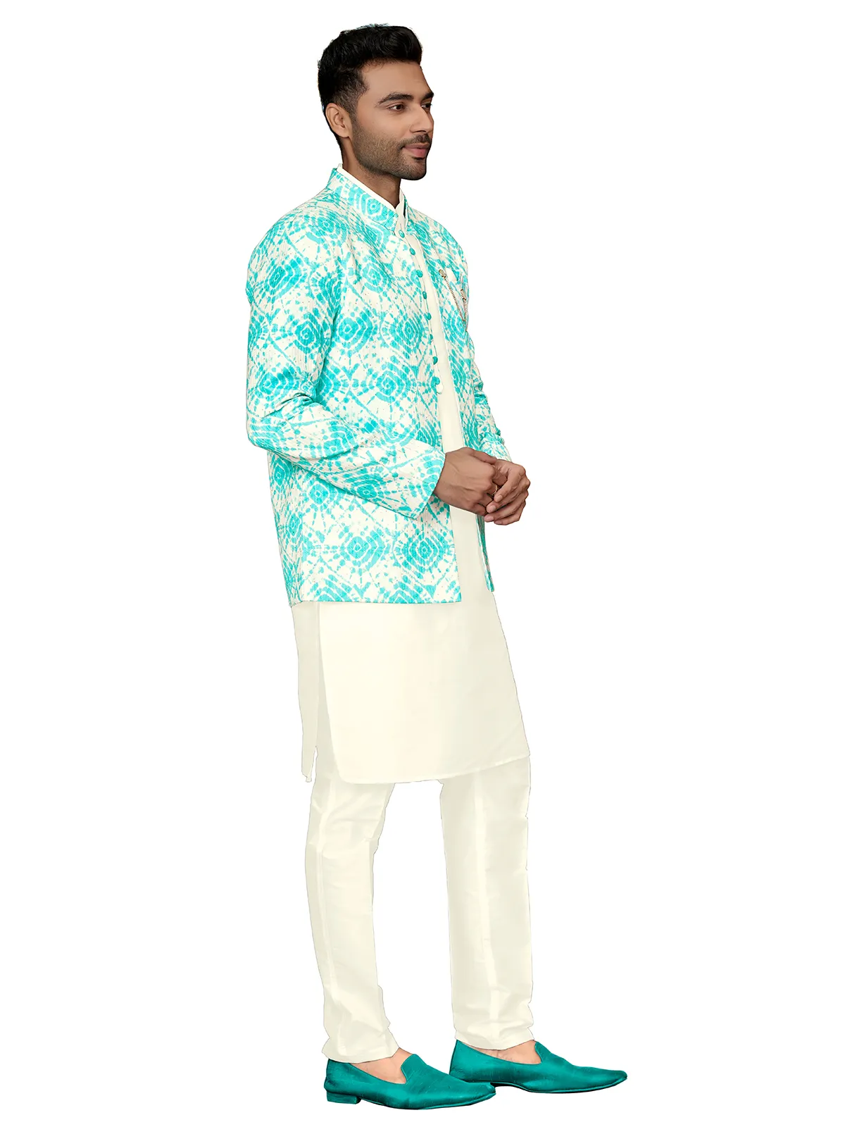 Silk wedding look aqua and cream indowestern