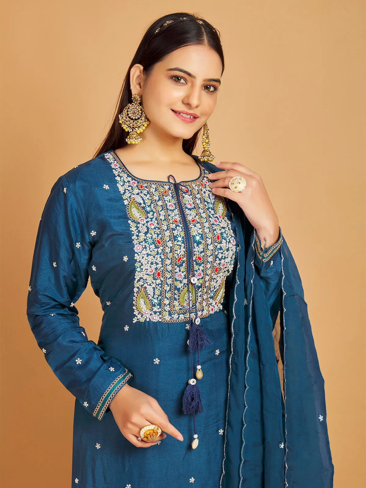 Silk wedding sharara suit in prussian blue