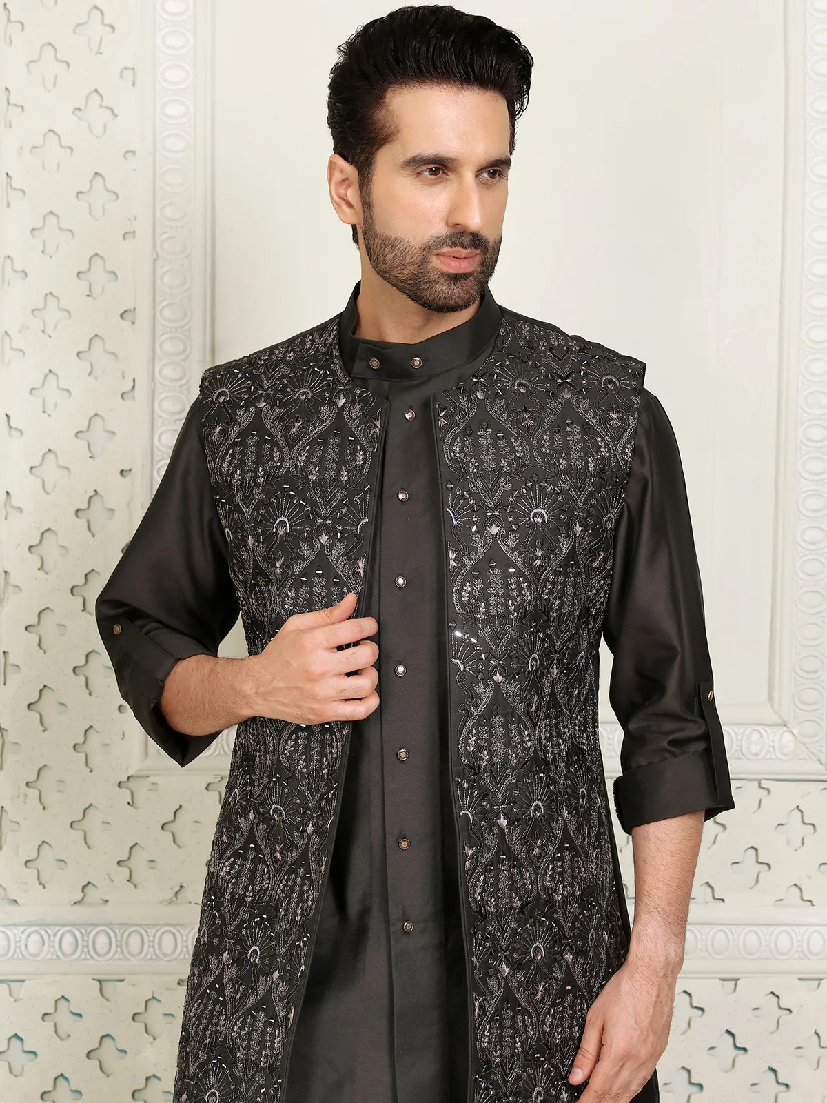 Silk wedding wear waistcoat set in black for men