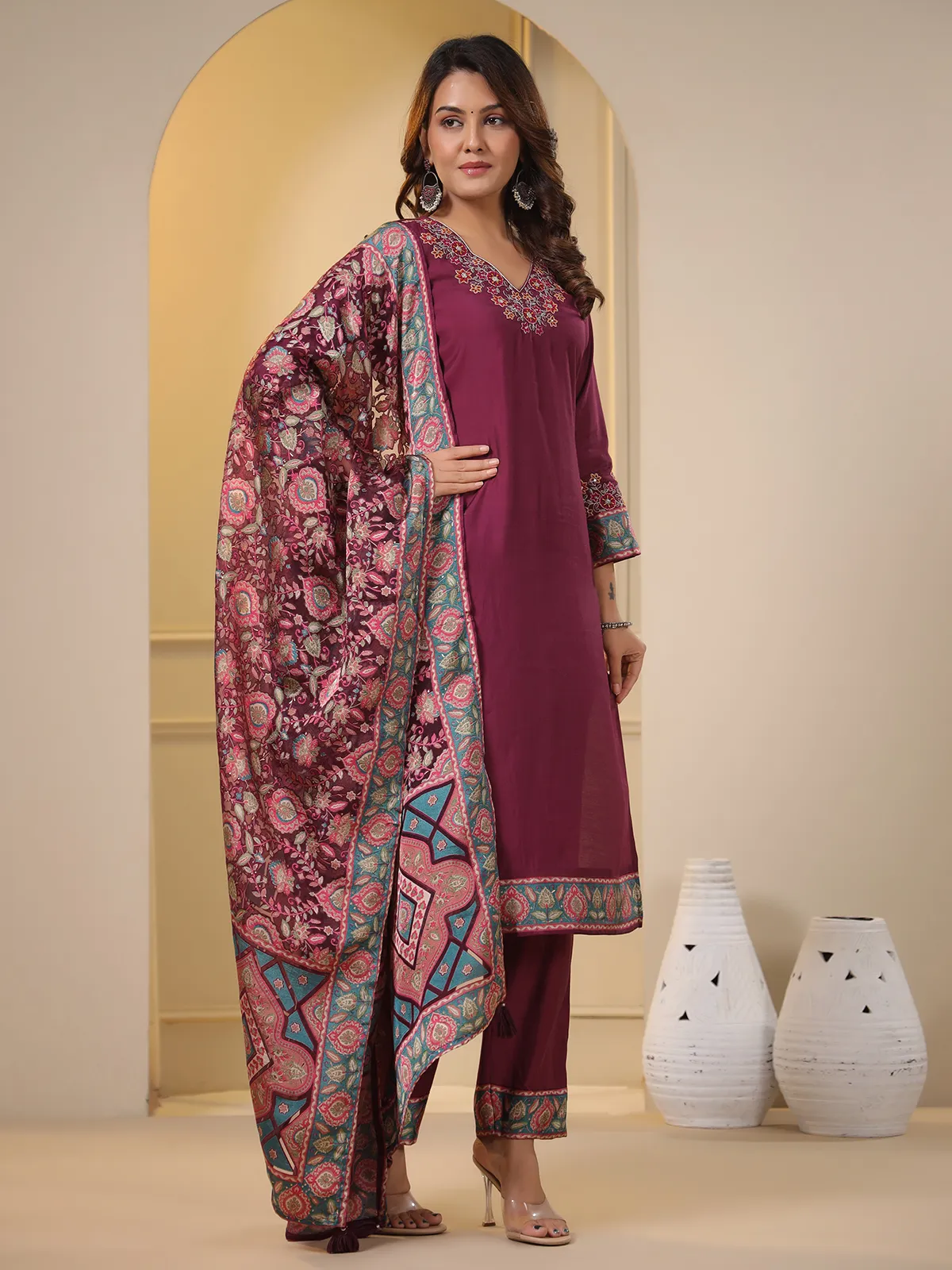 Silk wine kurti set with printed dupatta