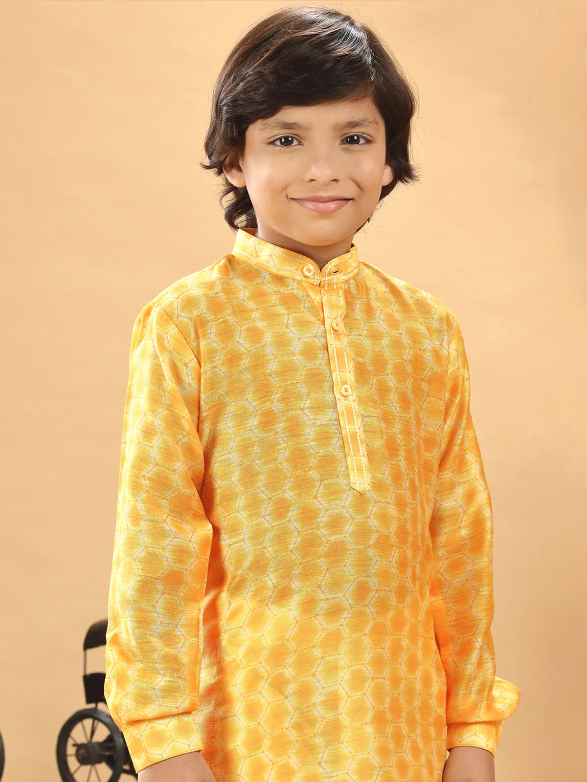 Silk yellow shaded printed kurta suit