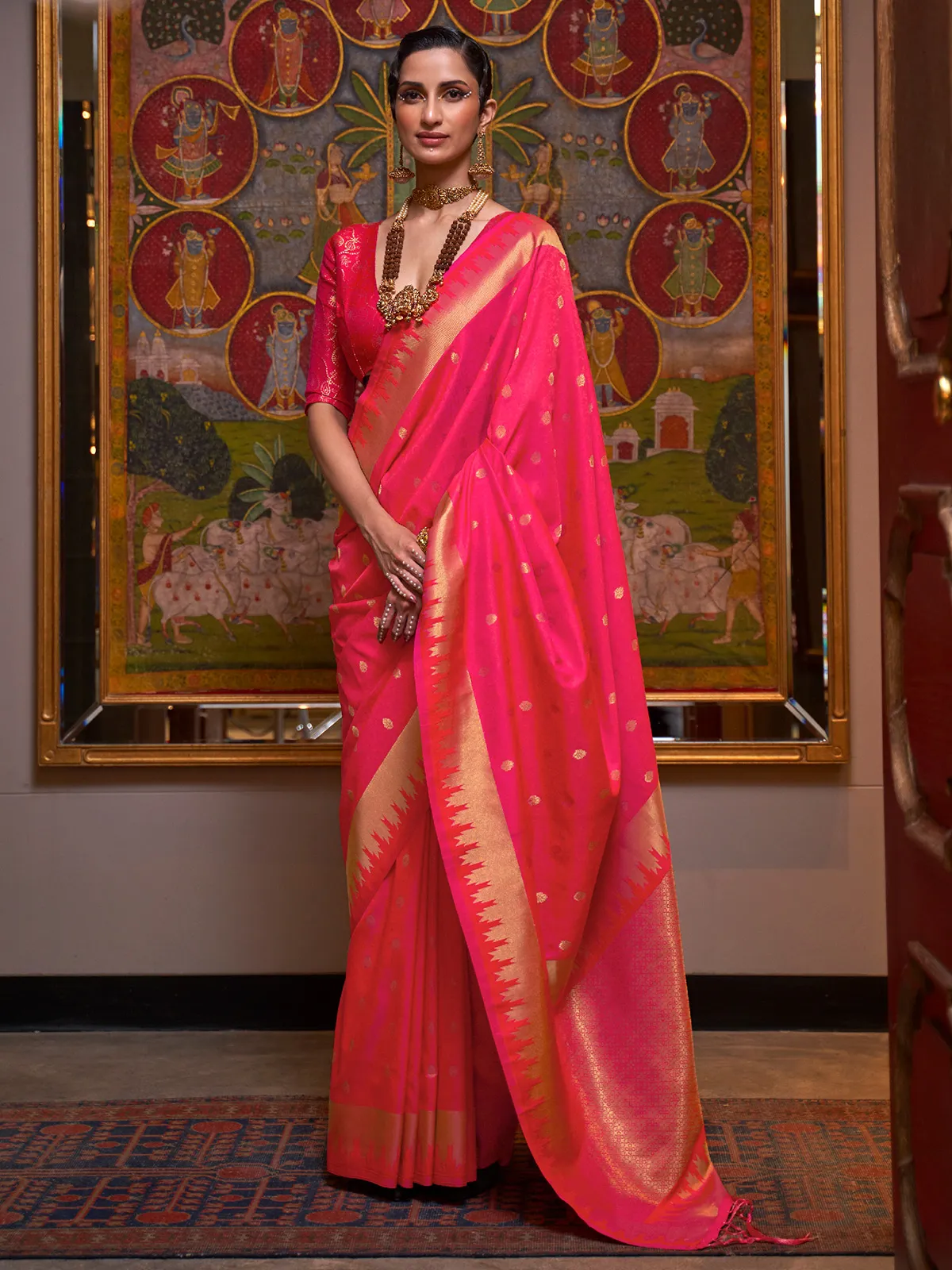Silk zari weaving bright pink saree