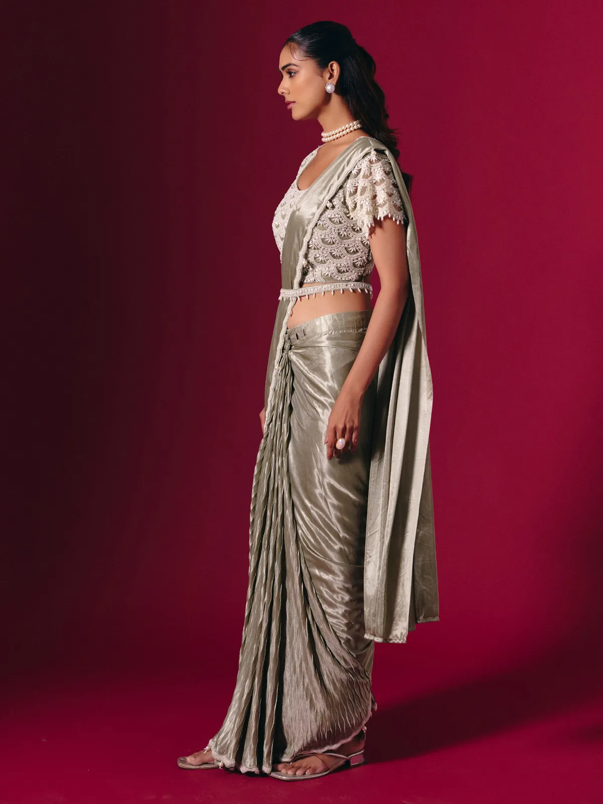Silver shimmer lycra saree with pearl and sequin shine