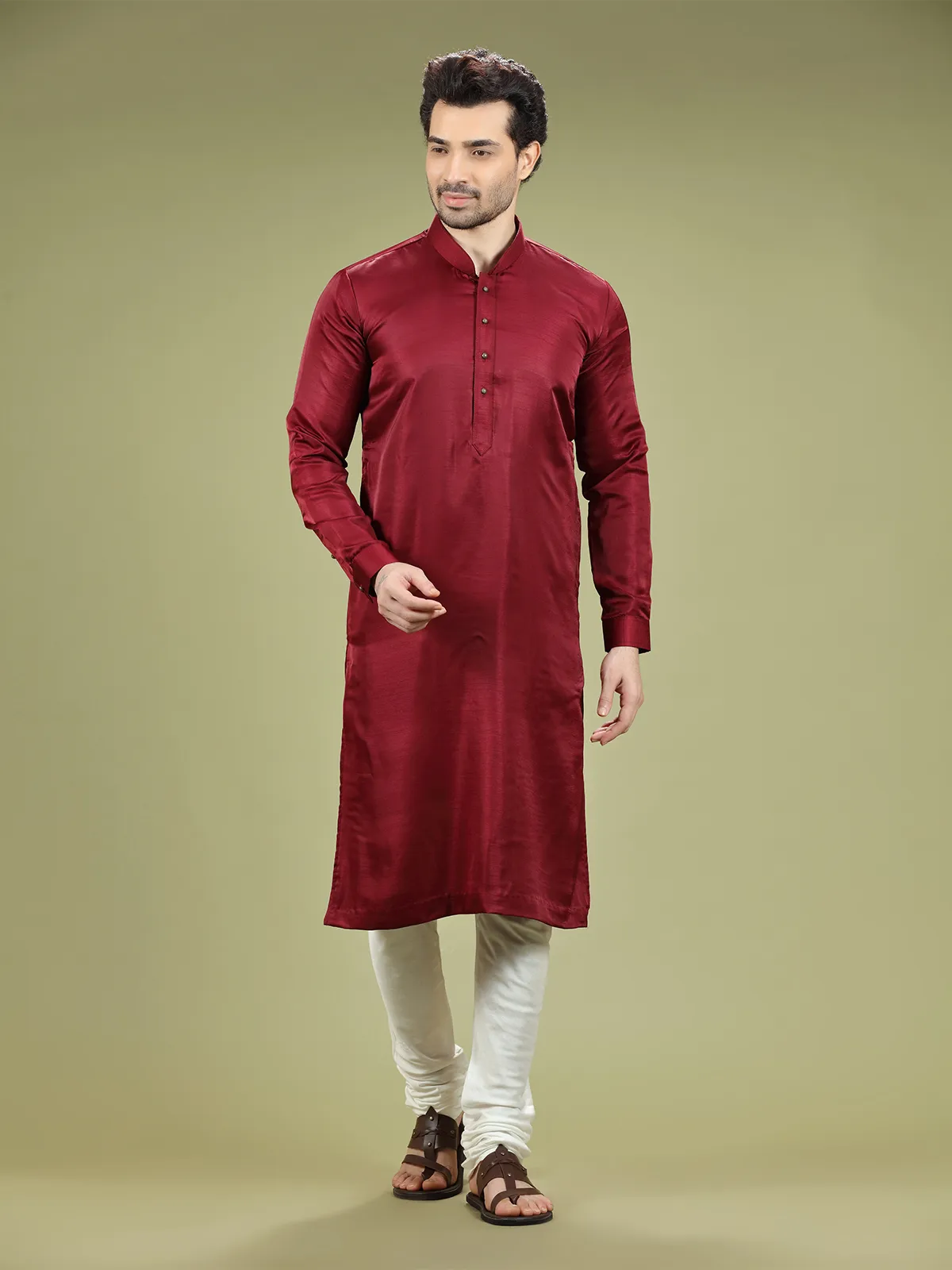 Simple maroon plain silk  Men Kurta pajama