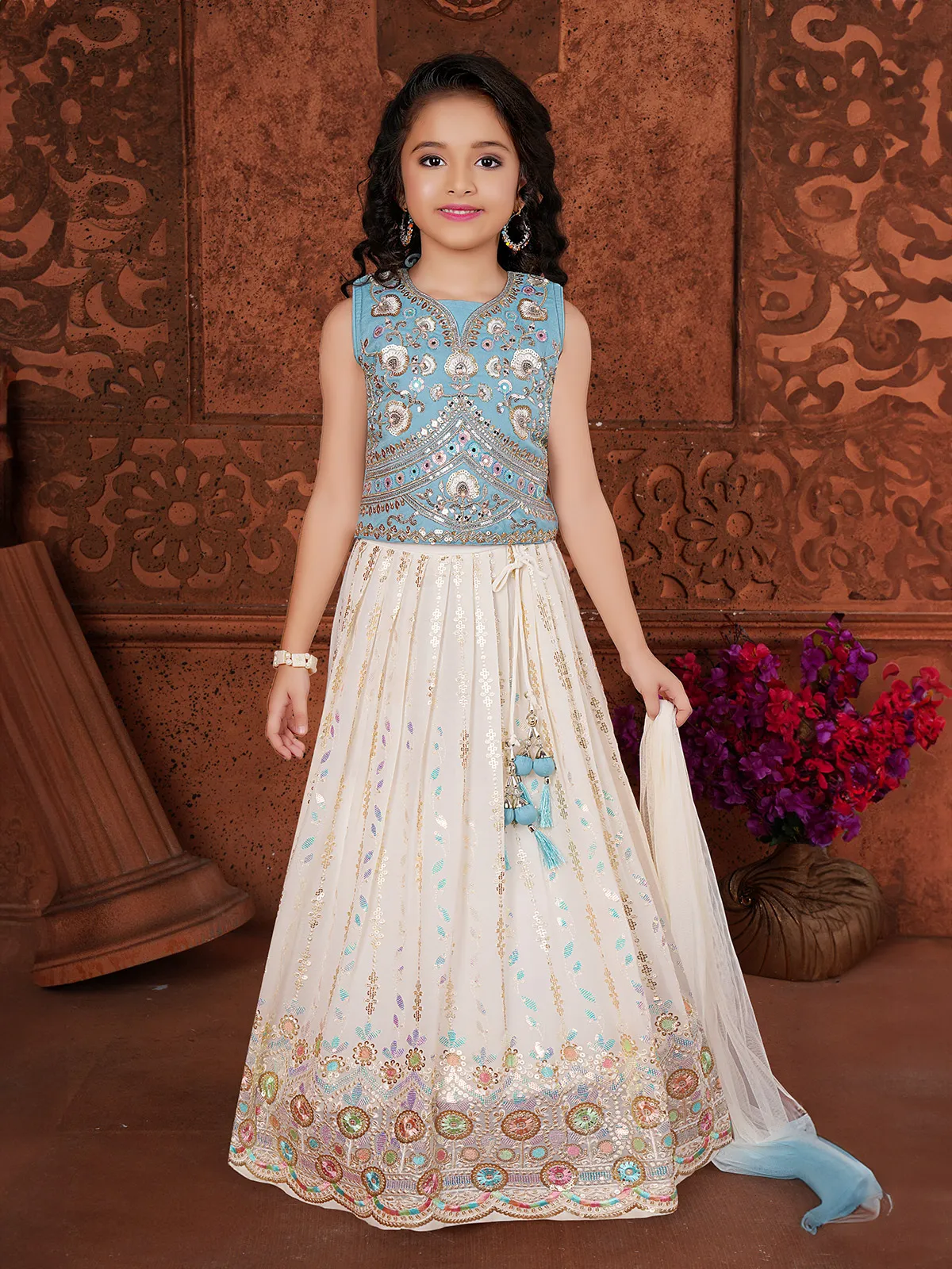 Sky blue and cream lahenga choli in georgette for girls
