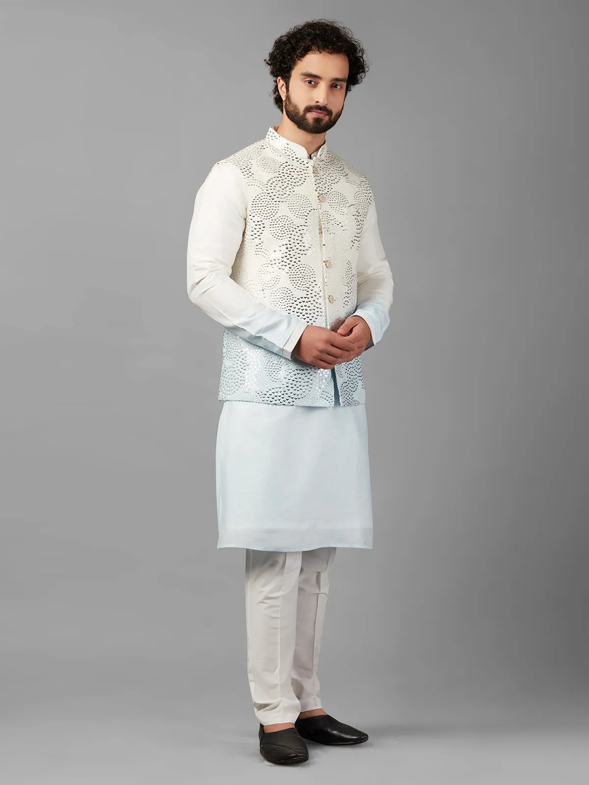 Sky blue and off-white shaded waistcoat set