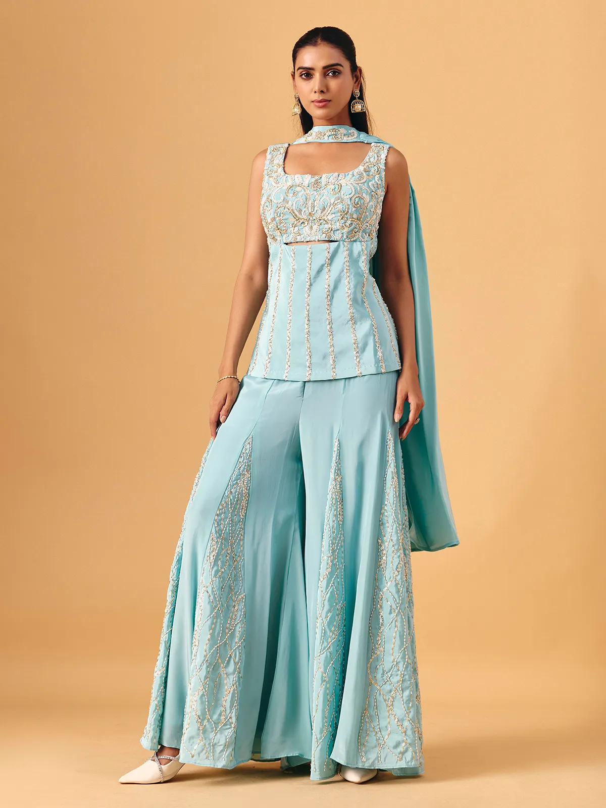 Sky blue chinon silk palazzo suit with sequin accents