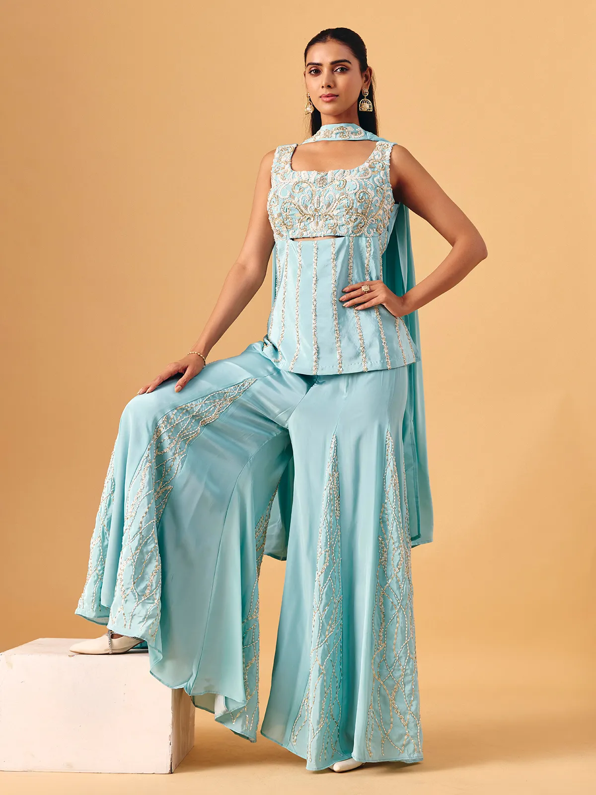 Sky blue chinon silk palazzo suit with sequin accents